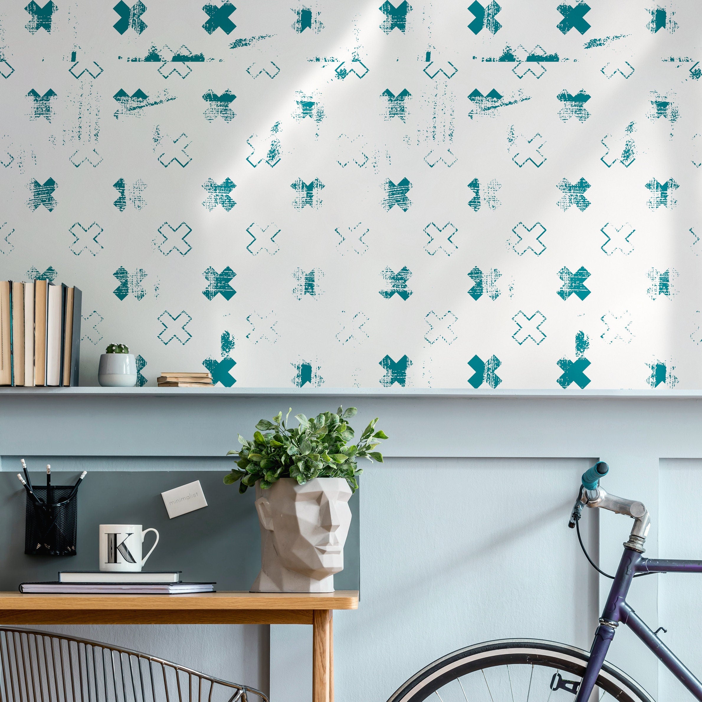 Geometric Wallpaper With A Distressed Cross Motif In Teal - A852