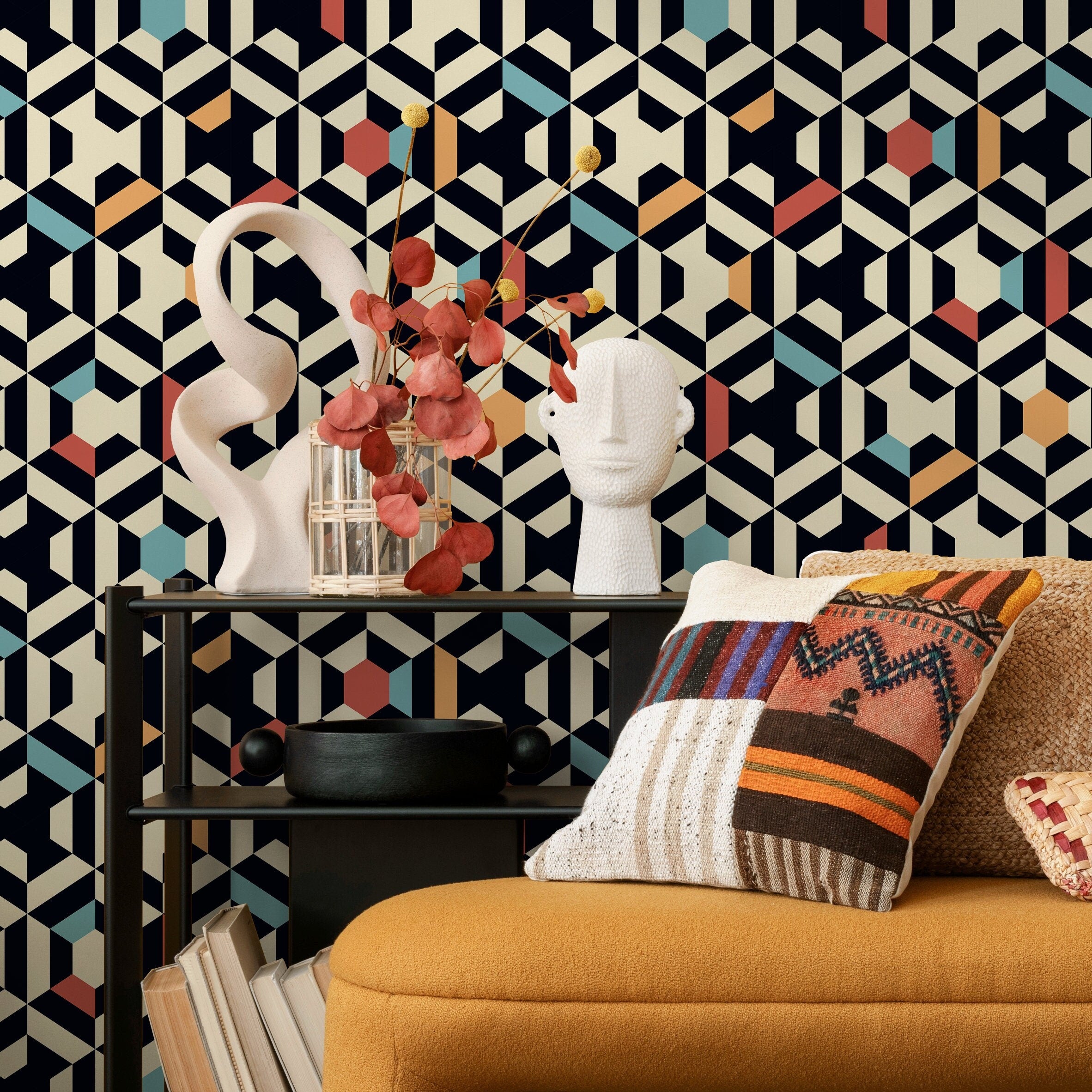 Geometric Wallpaper With A 3d Block Motif In Black, Blue, And Orange - A859