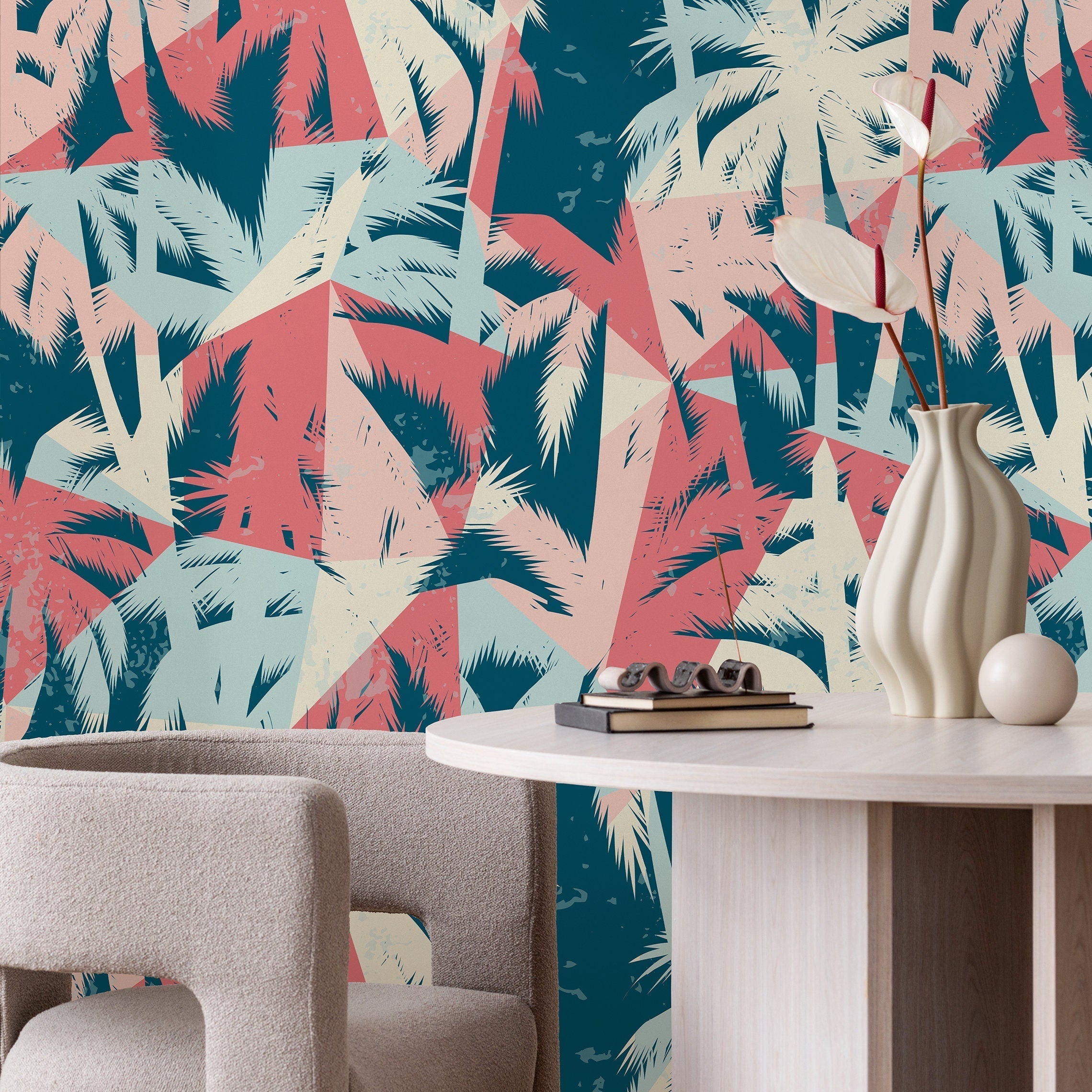 Tropical Wallpaper With A Geometric Palm Collage In Teal, Coral, And Light Blue - A863