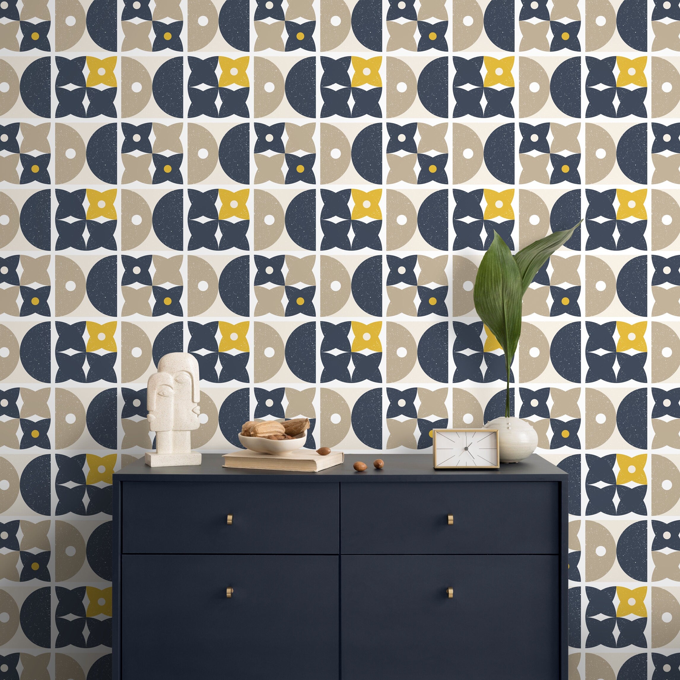 Geometric Wallpaper With A Retro Tiled Pattern In Navy Blue, Yellow, And Beige - A866