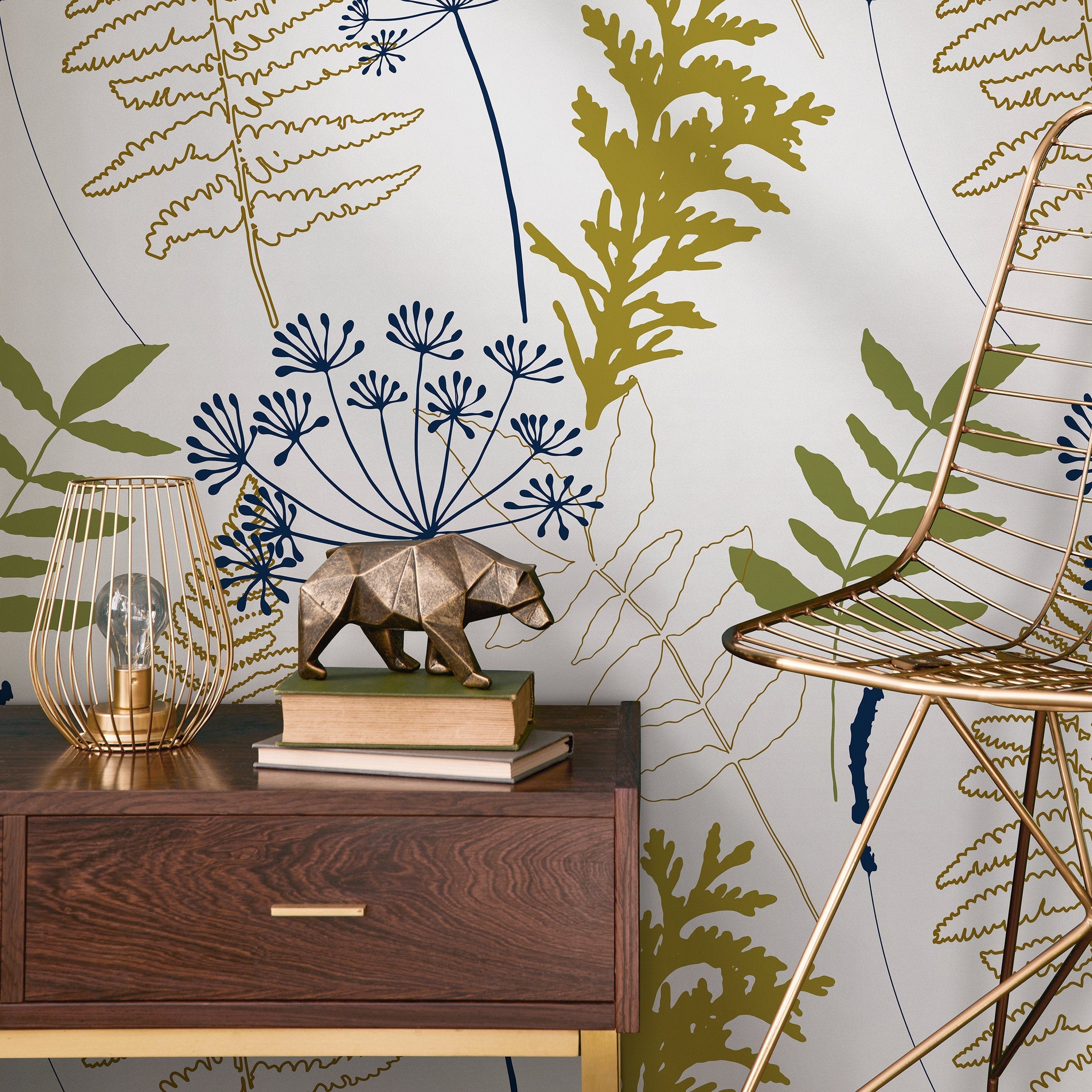 Botanical Wallpaper With Ferns And Wildflowers In Navy, Olive, And Gold - A870
