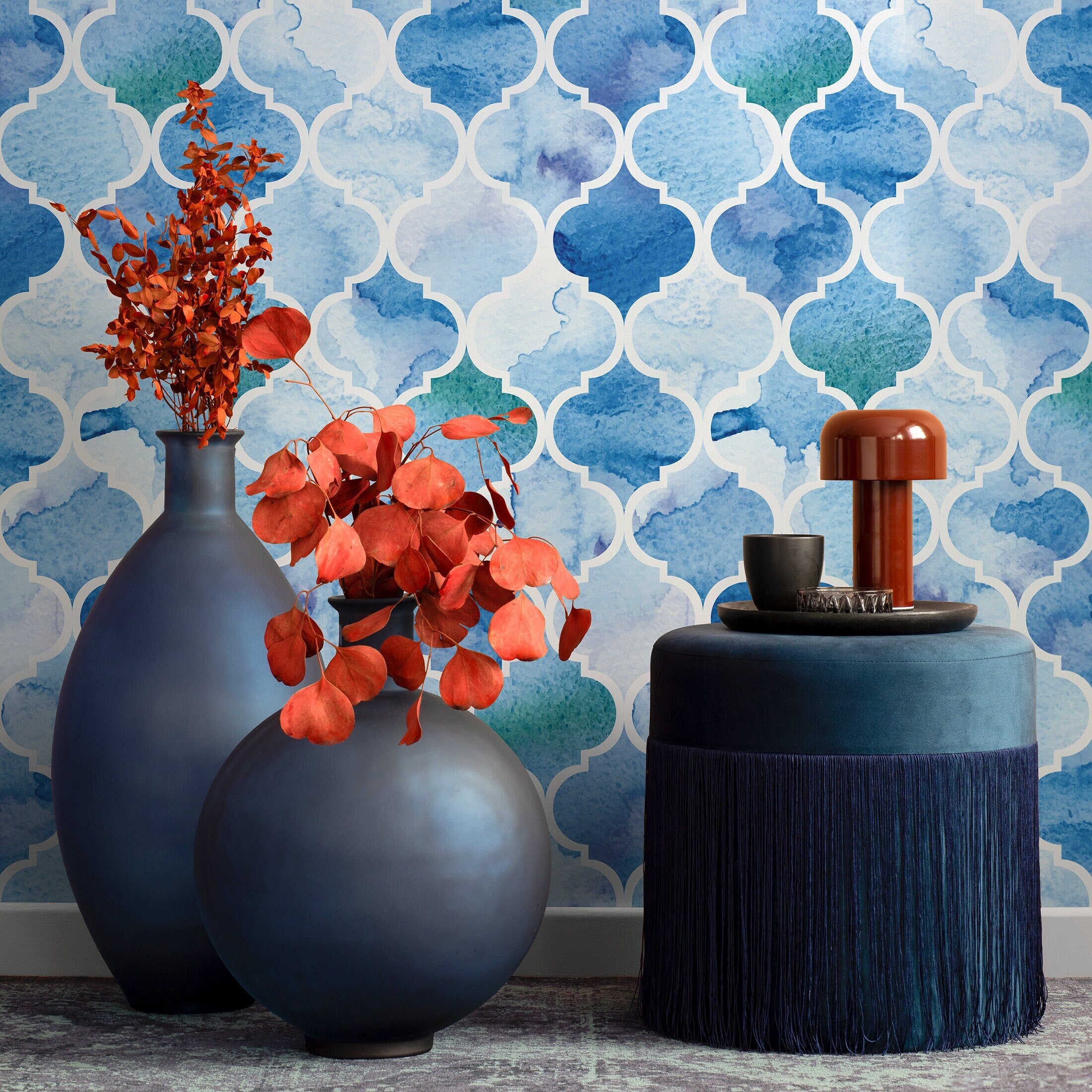 Moroccan Wallpaper With A Watercolor Trellis Motif In Blue And Teal - A099