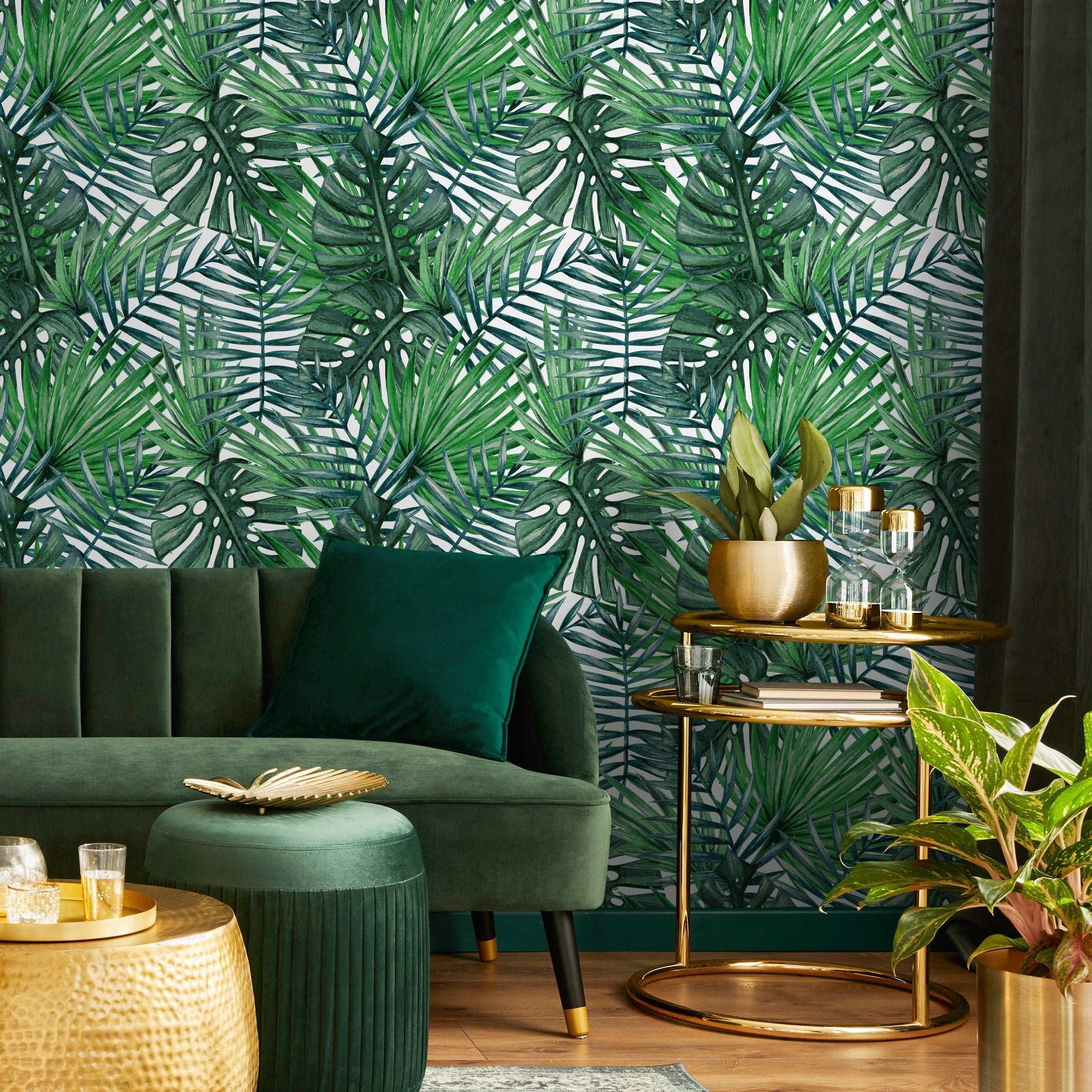 Tropical Wallpaper With Monstera And Palm Leaves In Green - A101