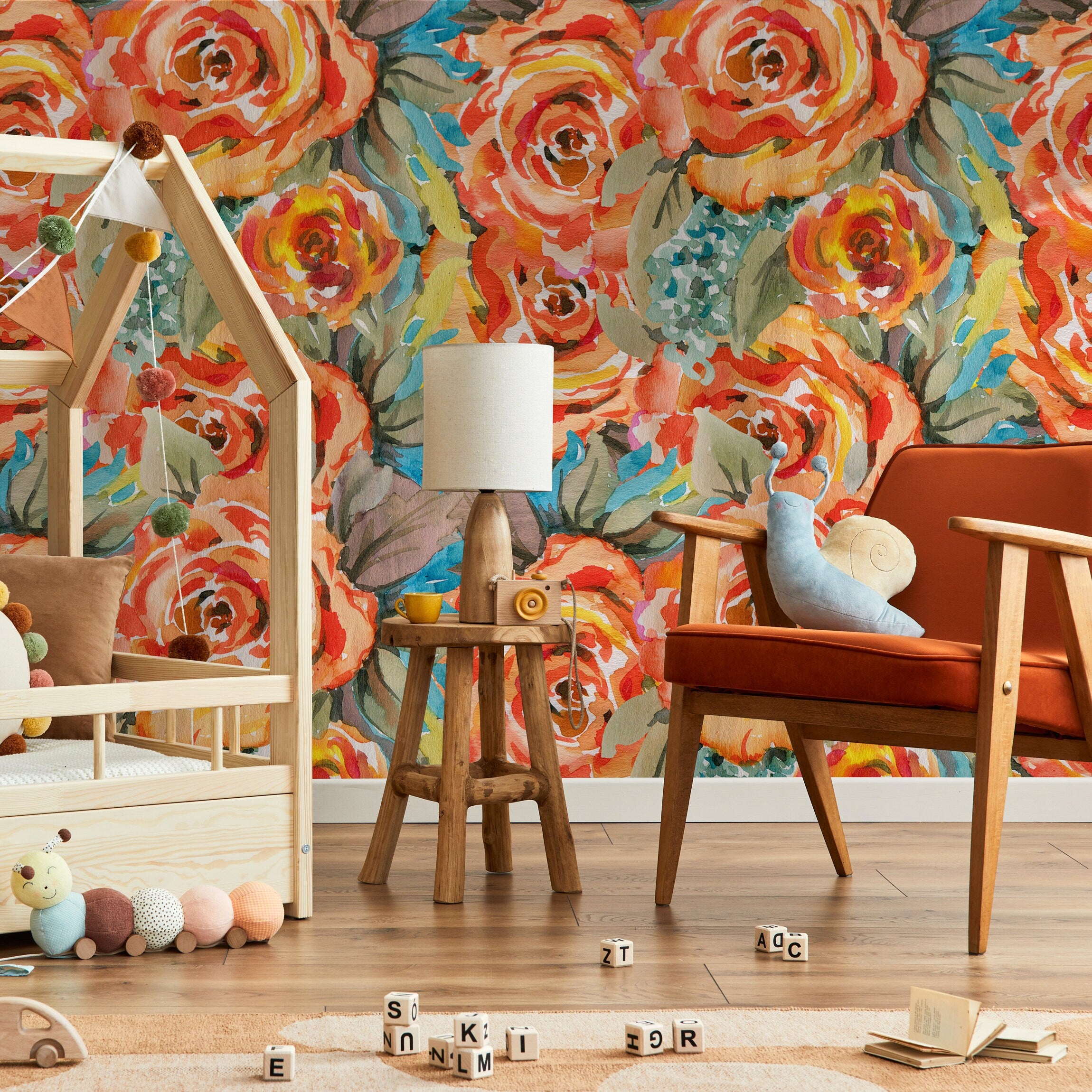 Floral Wallpaper Featuring Abstract Watercolor Roses In Orange, Yellow, And Blue - A103