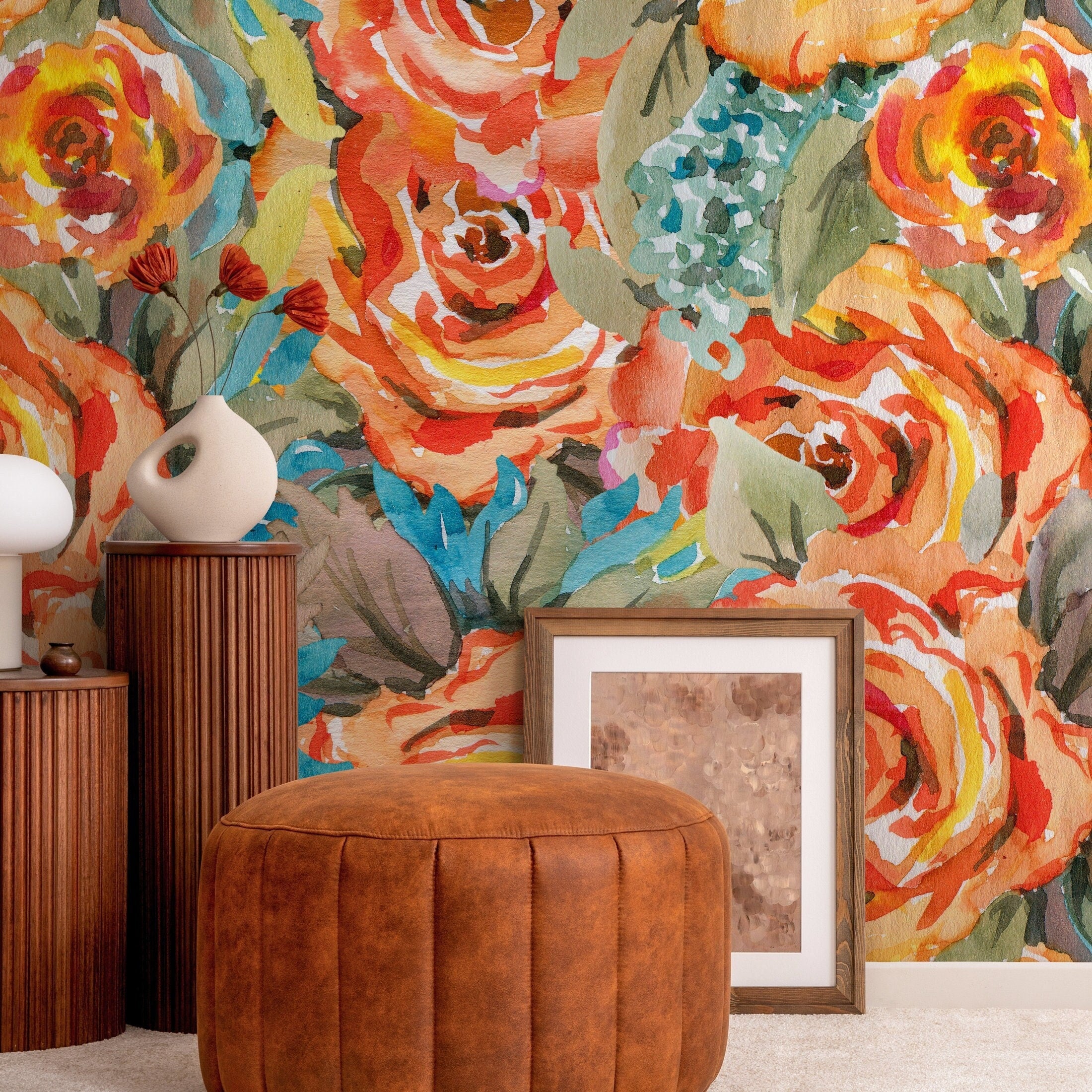 Floral Wallpaper Featuring Abstract Watercolor Roses In Orange, Yellow, And Blue - A103