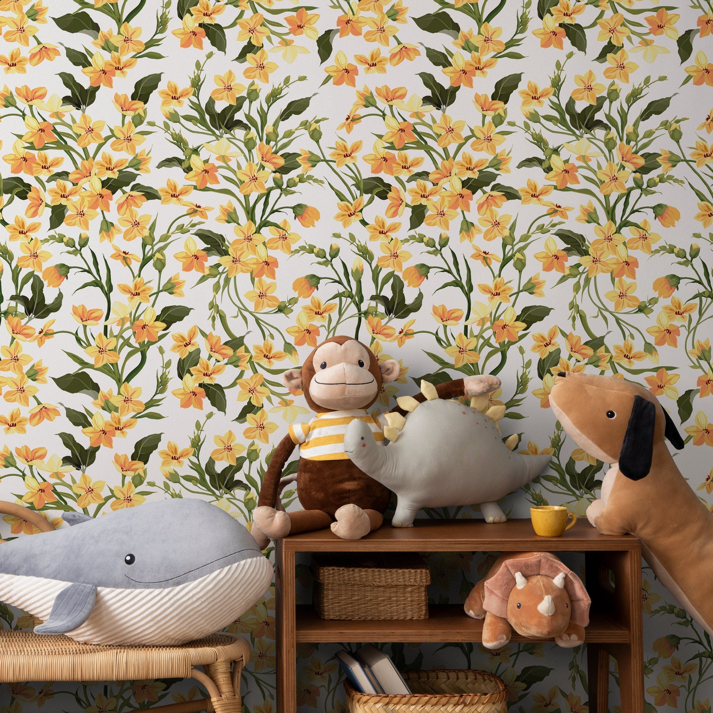 Floral Wallpaper Featuring Small Wildflowers In Yellow, Orange, And Green - A121