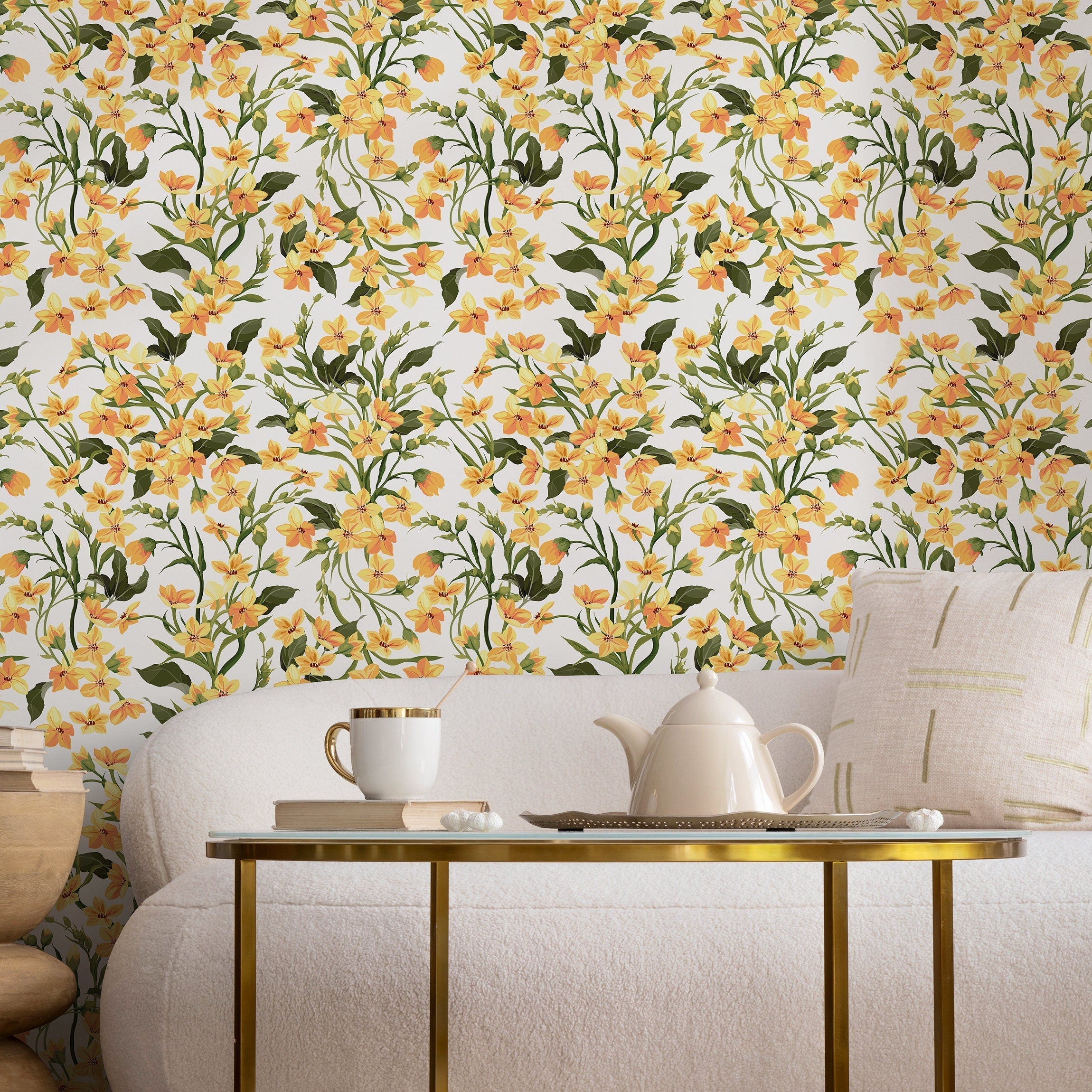Floral Wallpaper Featuring Small Wildflowers In Yellow, Orange, And Green - A121