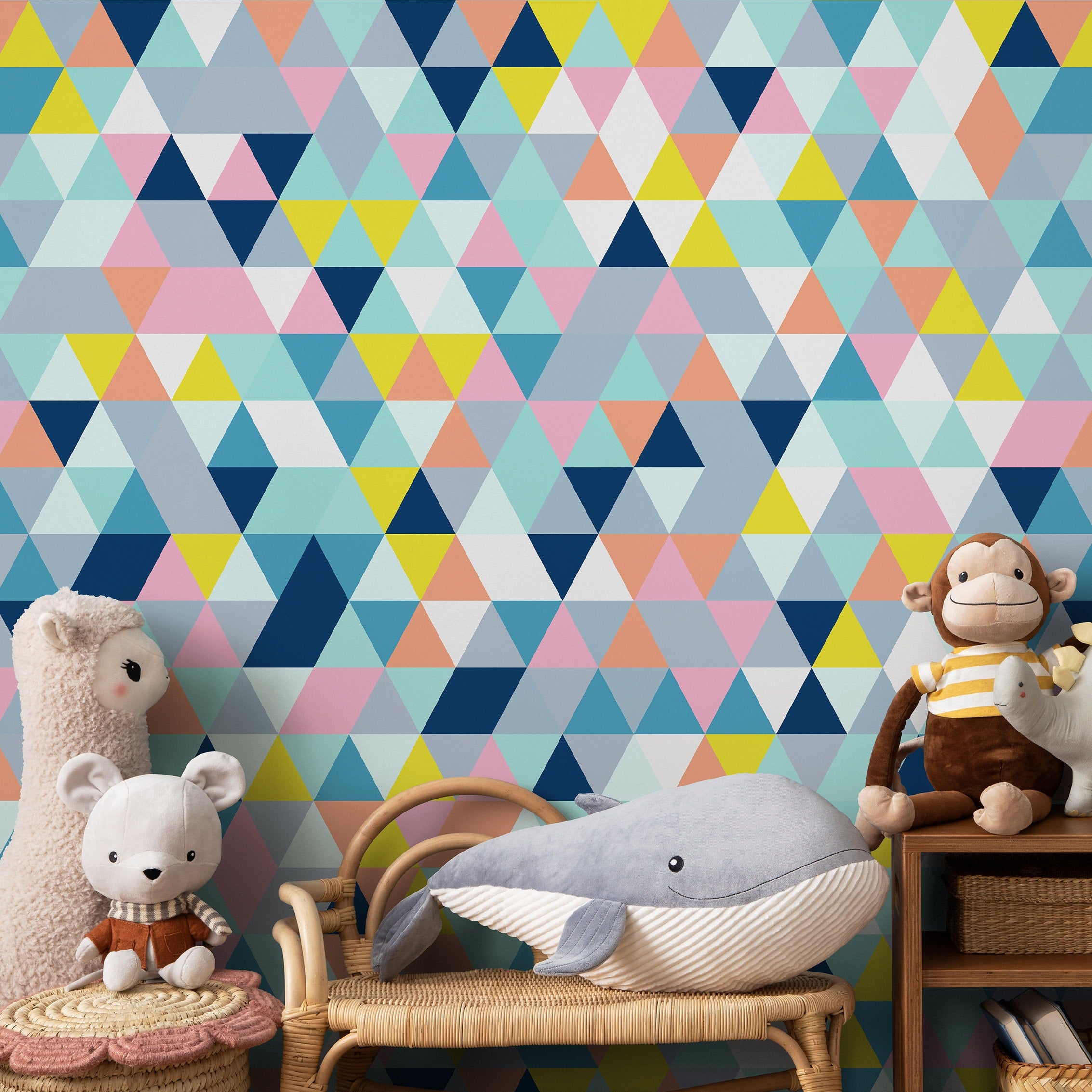 Geometric Wallpaper With A Colorful Triangle Mosaic In Blue, Yellow, And Pink - A876