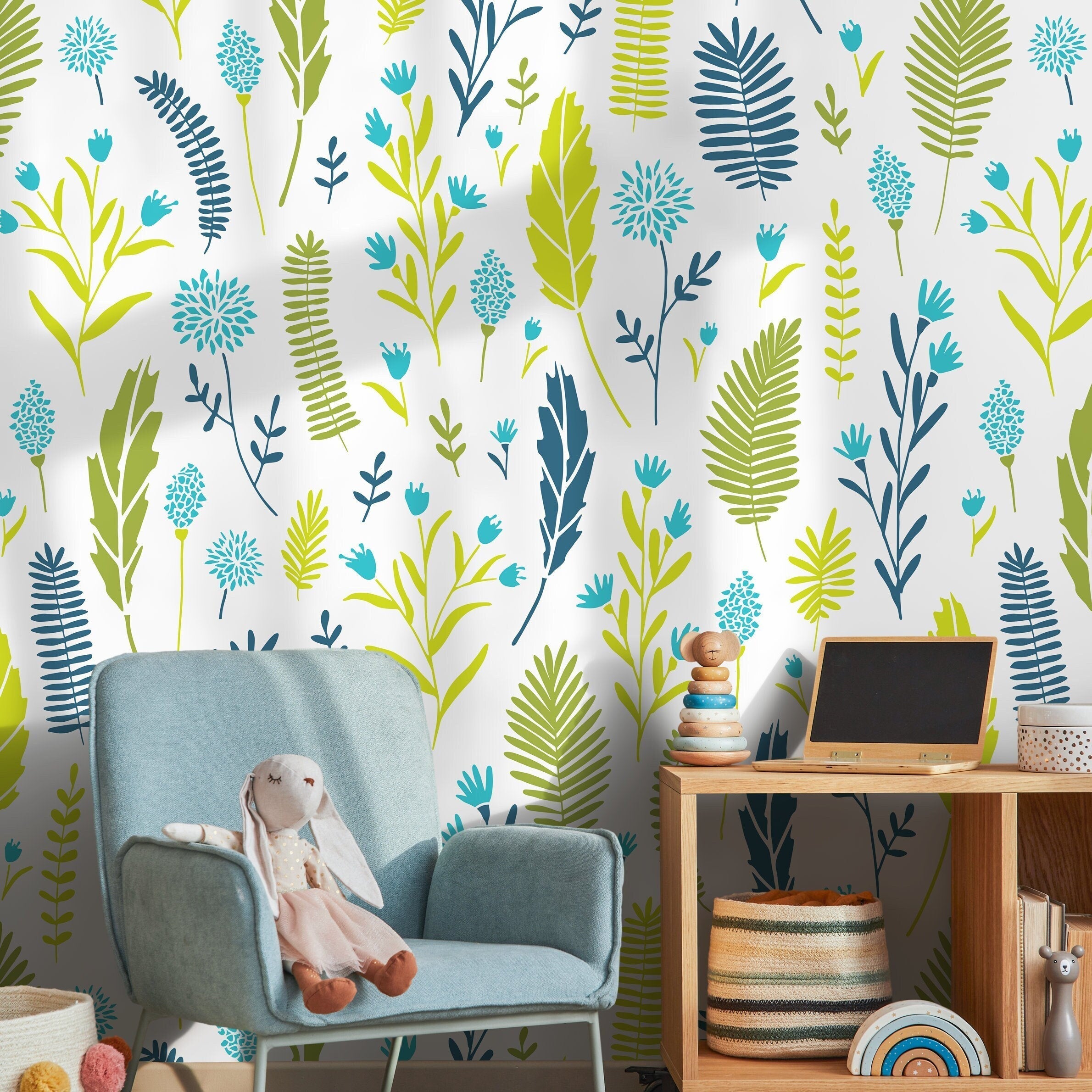 Botanical Wallpaper With Stylized Leaves In Green, Teal, And Blue - A879