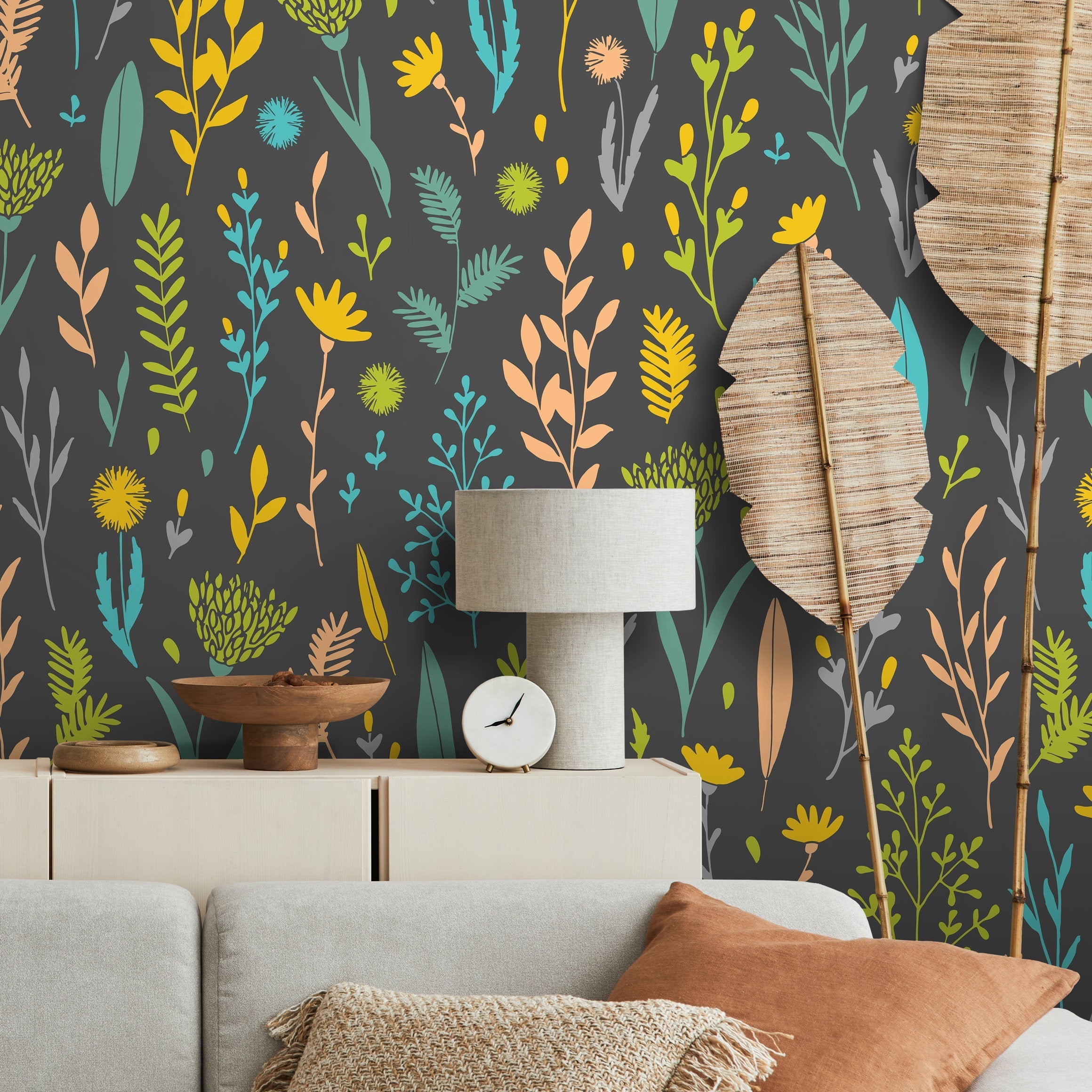 Botanical Wallpaper With Stylized Wildflowers In Teal, Yellow, And Gray - A880