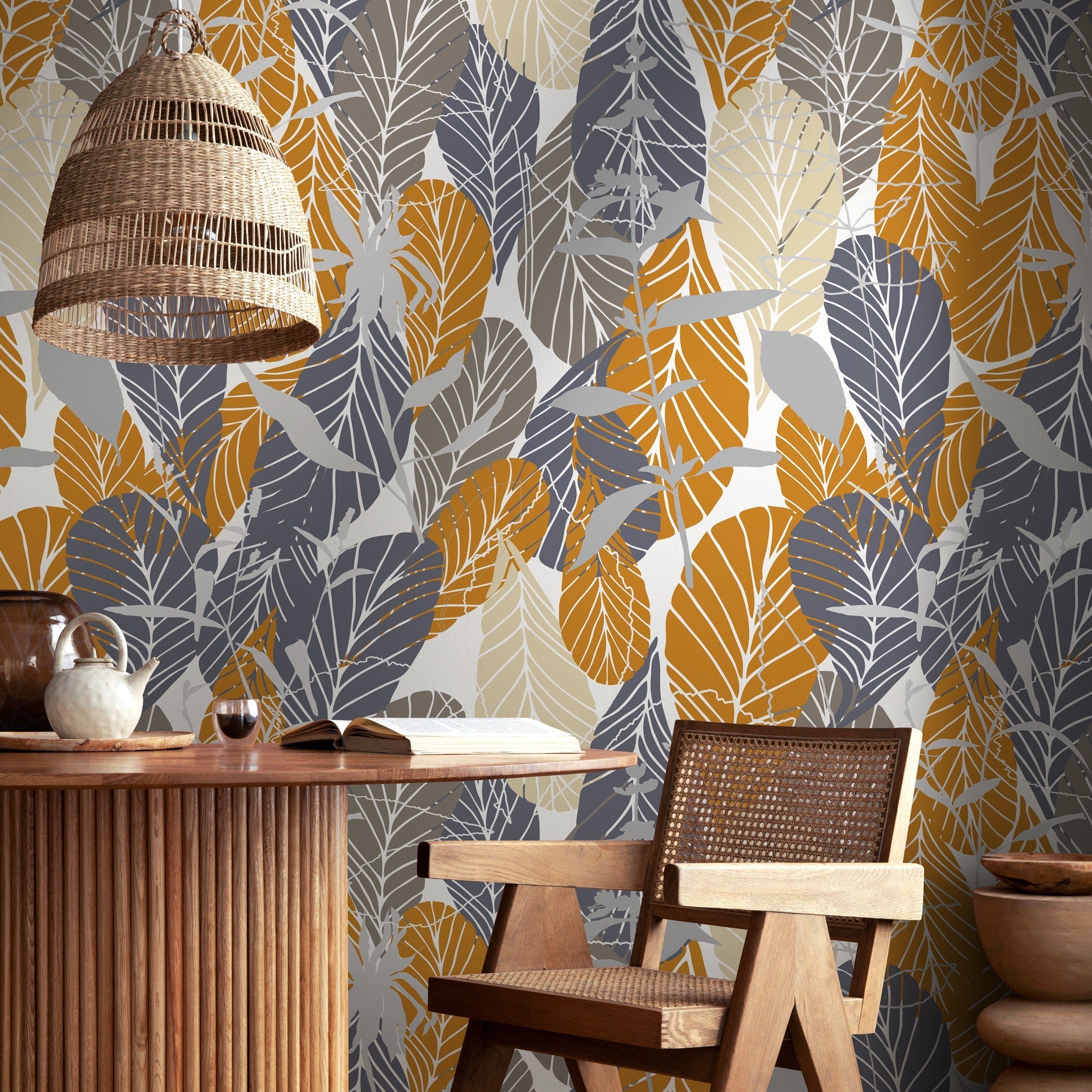 Botanical Wallpaper With Overlapping Leaves In Ochre, Gray, And Taupe - A889