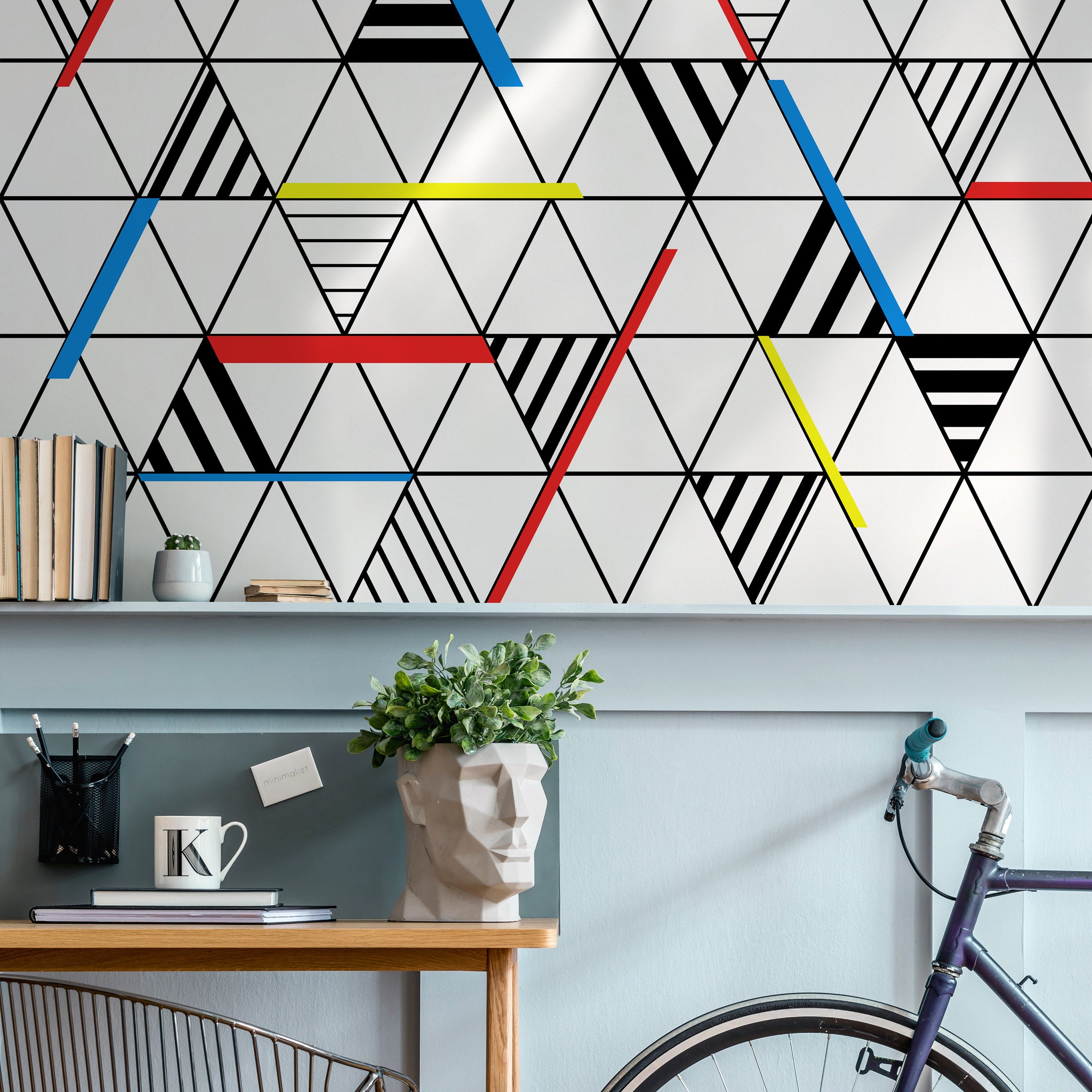 Geometric Wallpaper With A Triangle Grid In Red, Blue, And Yellow - A894