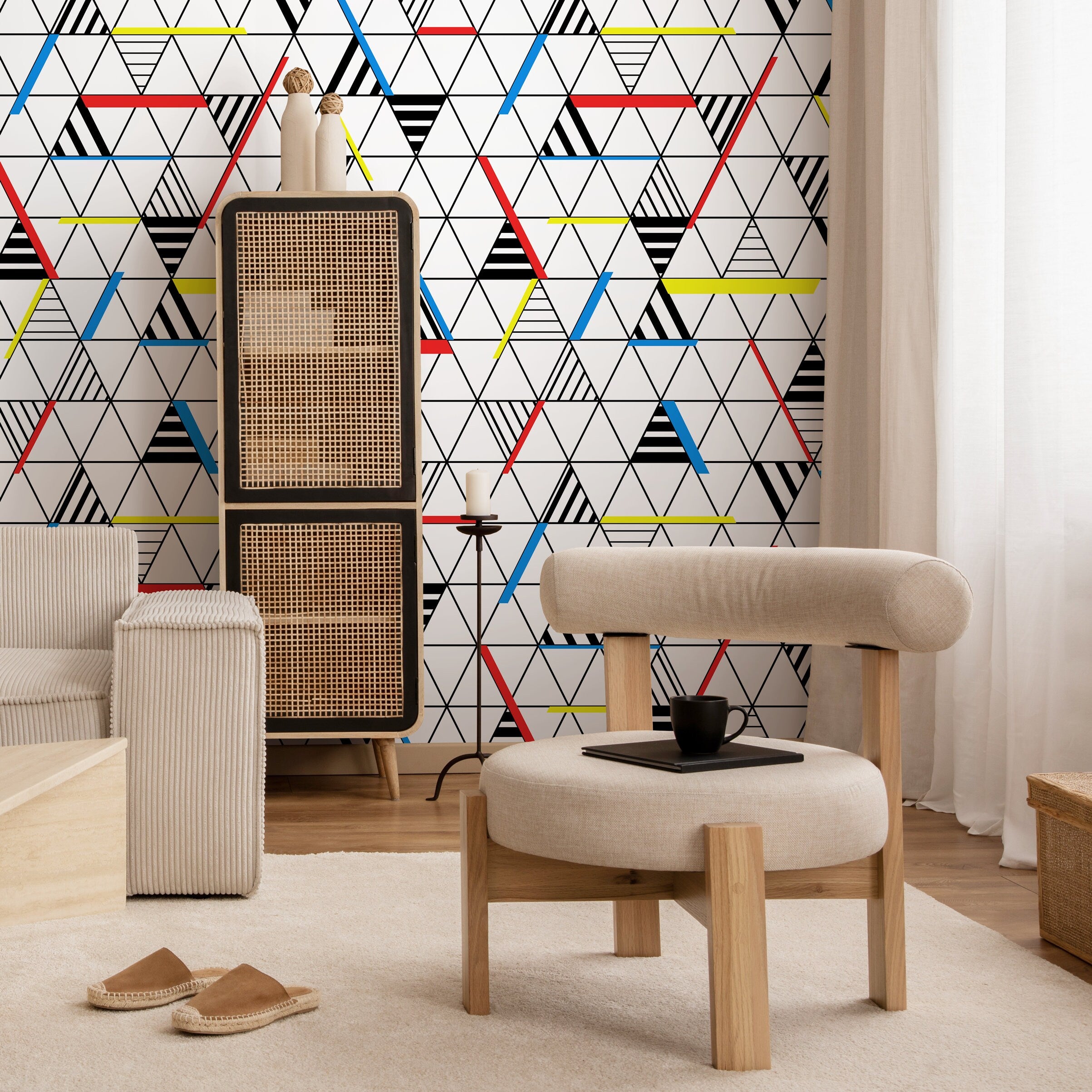 Geometric Wallpaper With A Triangle Grid In Red, Blue, And Yellow - A894