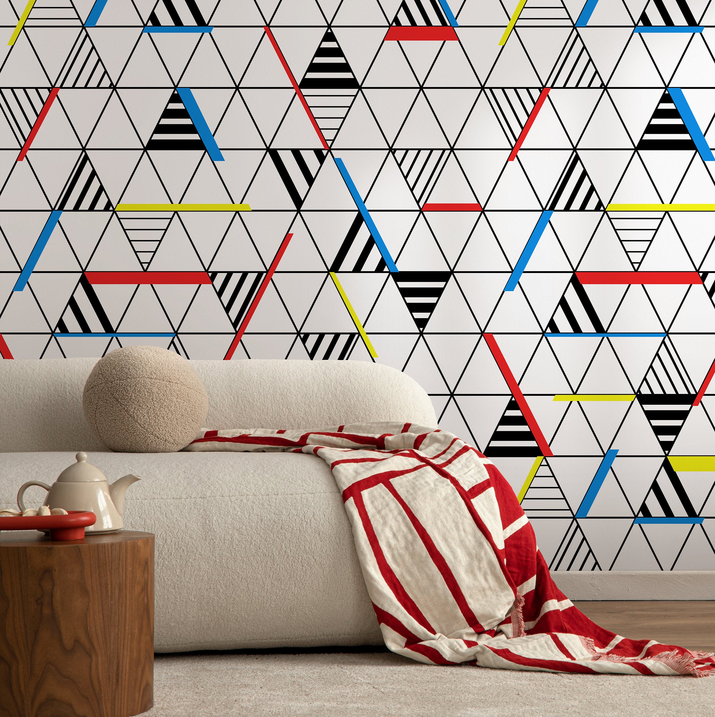 Geometric Wallpaper With A Triangle Grid In Red, Blue, And Yellow - A894