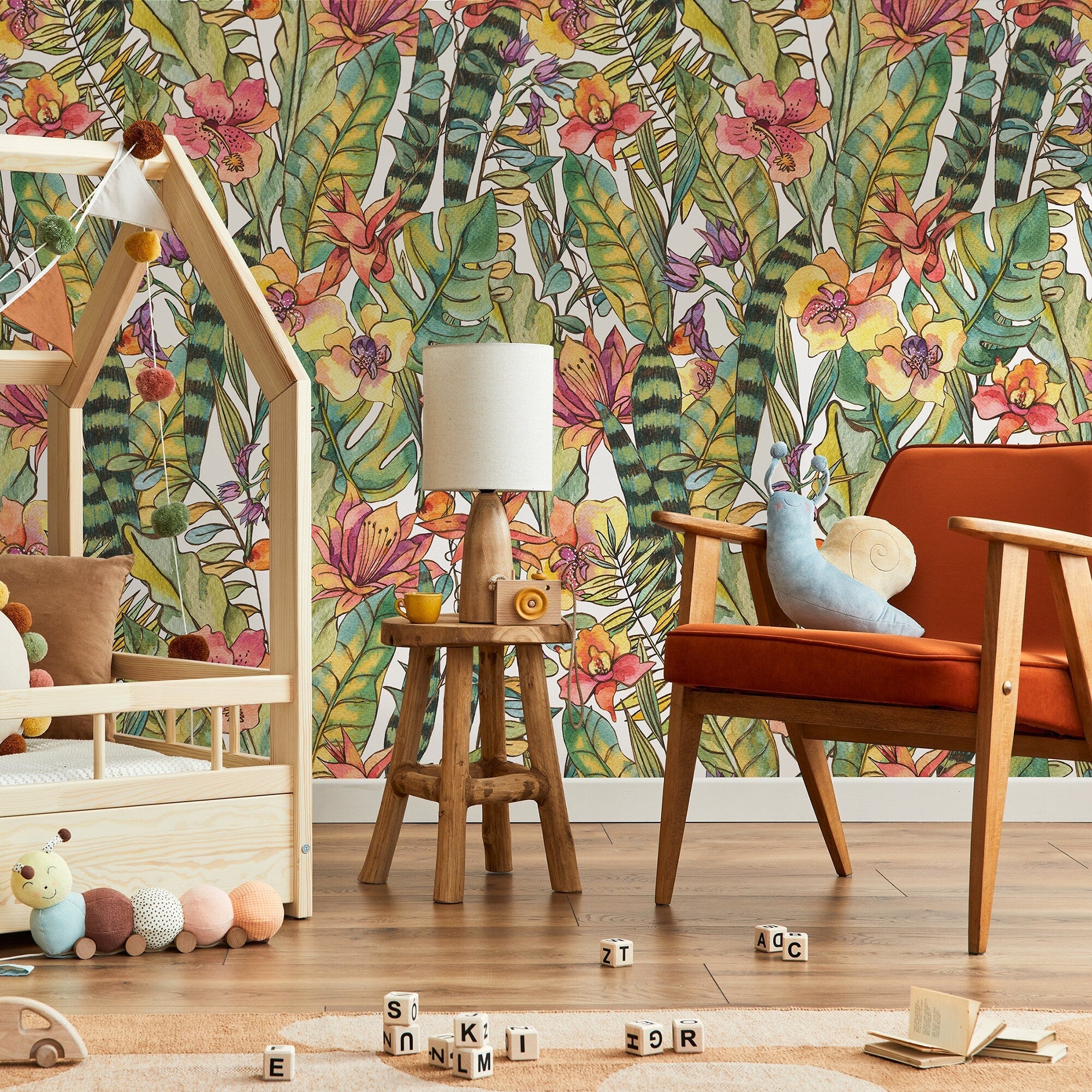 Tropical Wallpaper With A Watercolor Jungle Motif In Green, Pink, And Orange - A896