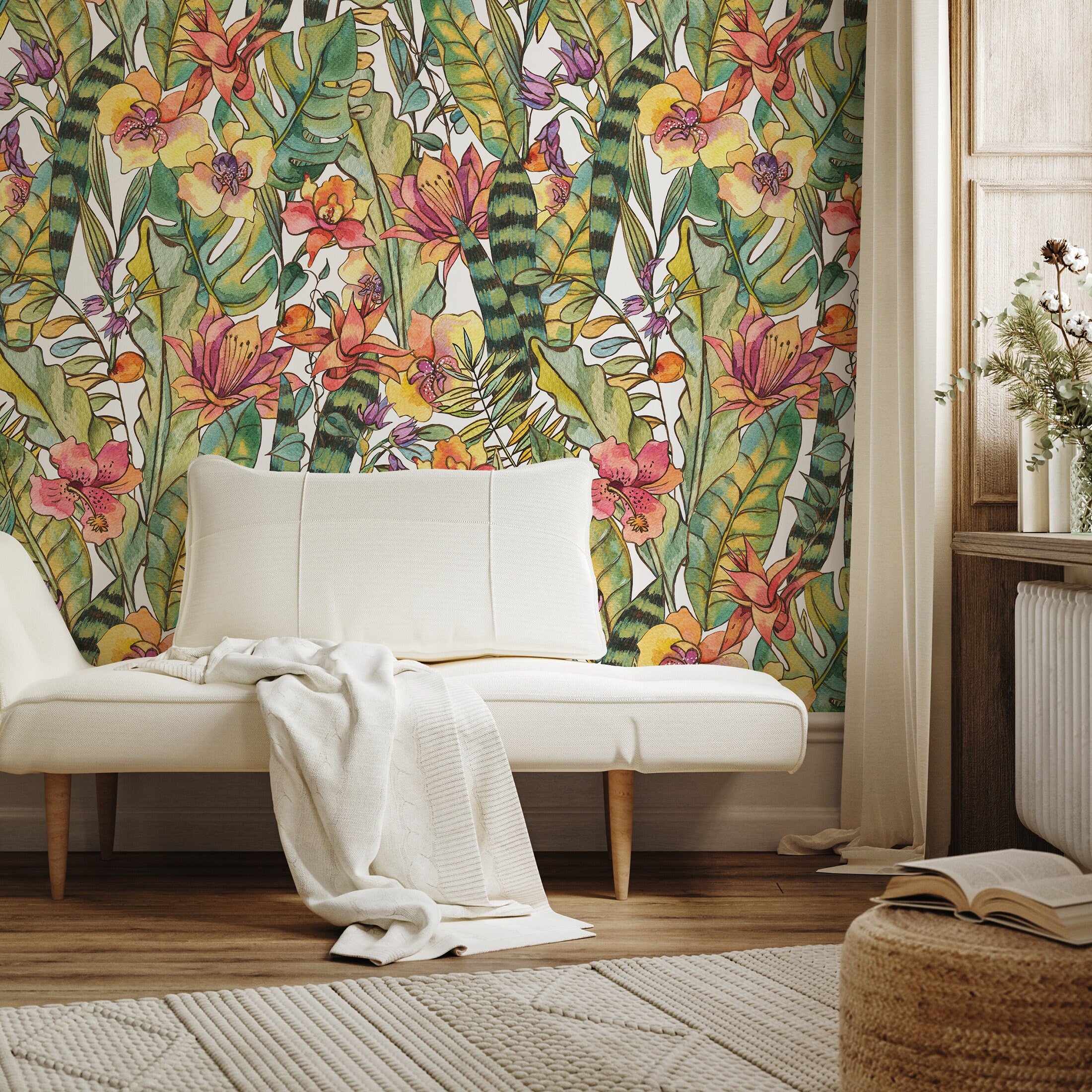 Tropical Wallpaper With A Watercolor Jungle Motif In Green, Pink, And Orange - A896