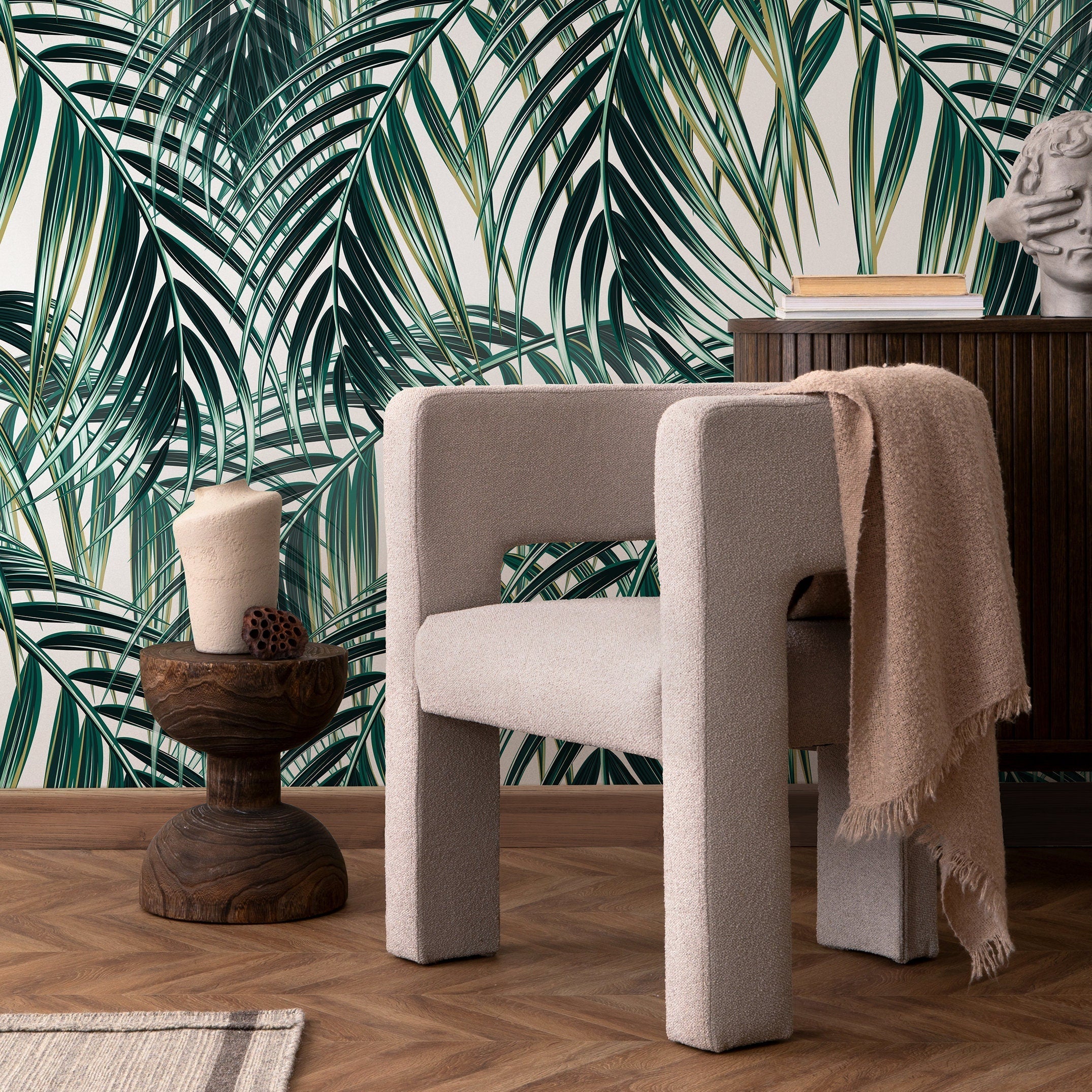 Botanical Wallpaper With Layered Palm Leaves In Green And Cream - A901