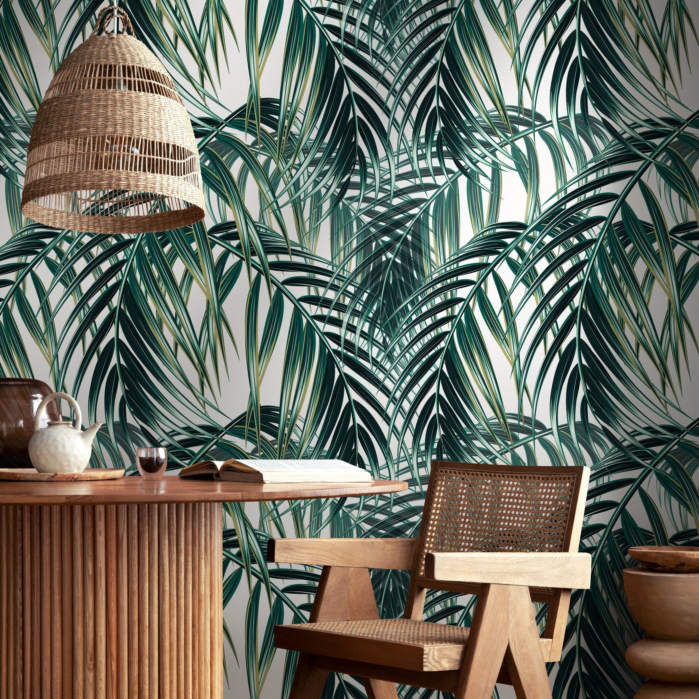 Botanical Wallpaper With Layered Palm Leaves In Green And Cream - A901