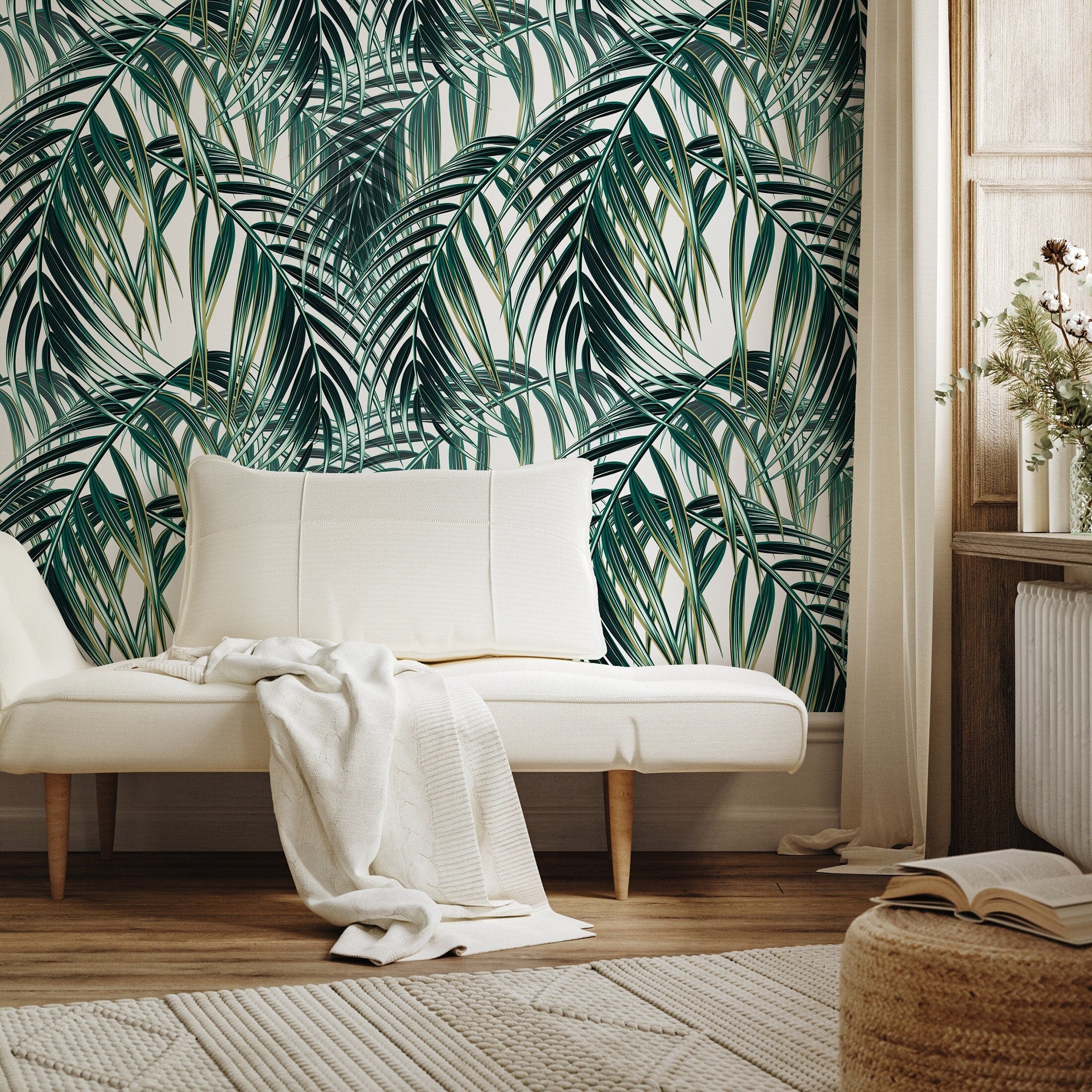 Botanical Wallpaper With Layered Palm Leaves In Green And Cream - A901