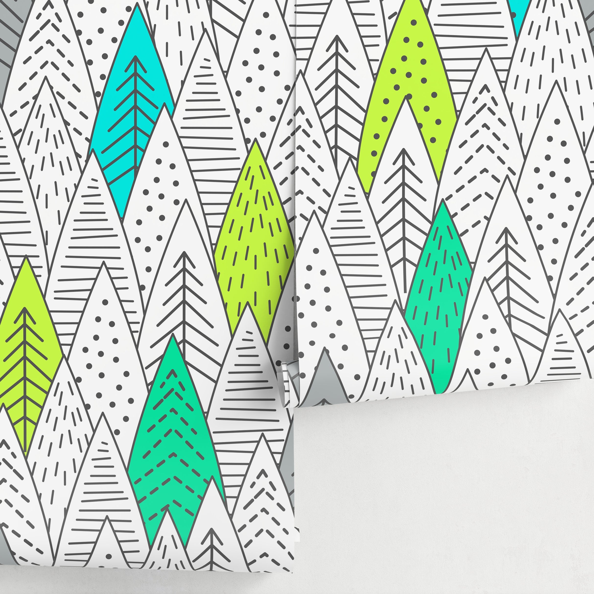 Scandinavian Wallpaper With A Hand-drawn Tree Pattern In Green, Teal, And Grey - A906