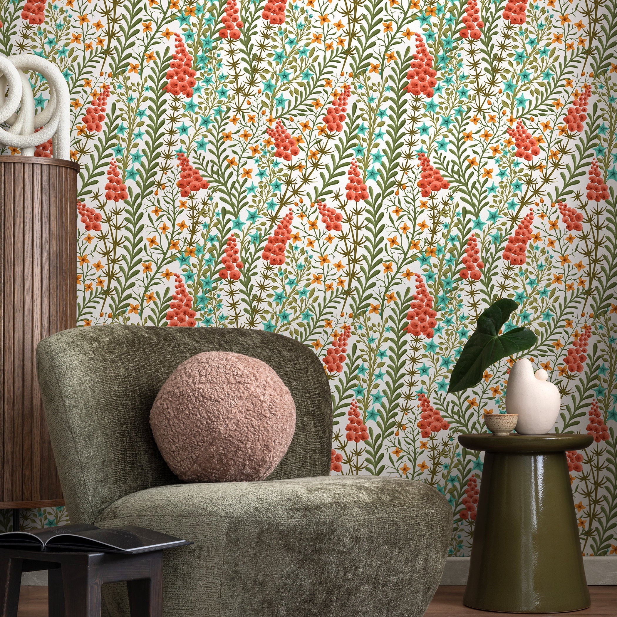 Botanical Wallpaper Featuring Climbing Wildflowers In Red, Green, And Teal - A127