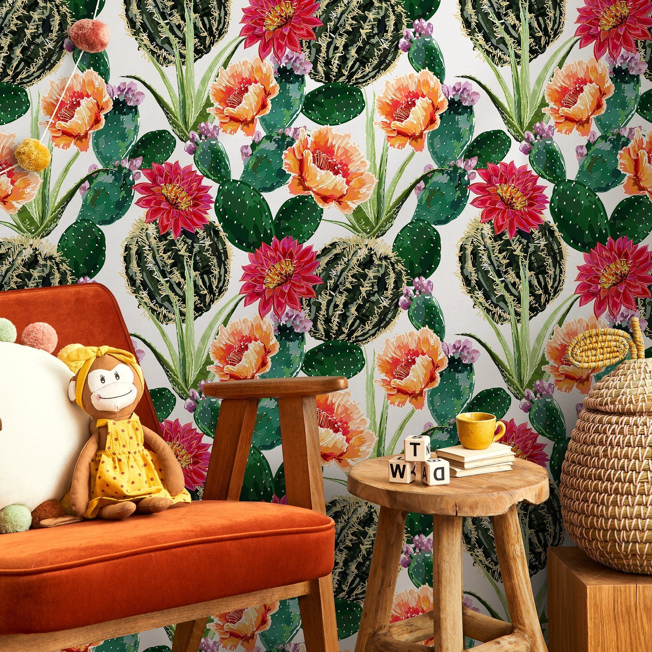 Botanical Wallpaper Featuring Flowering Cacti In Green, Pink, And Orange - A911