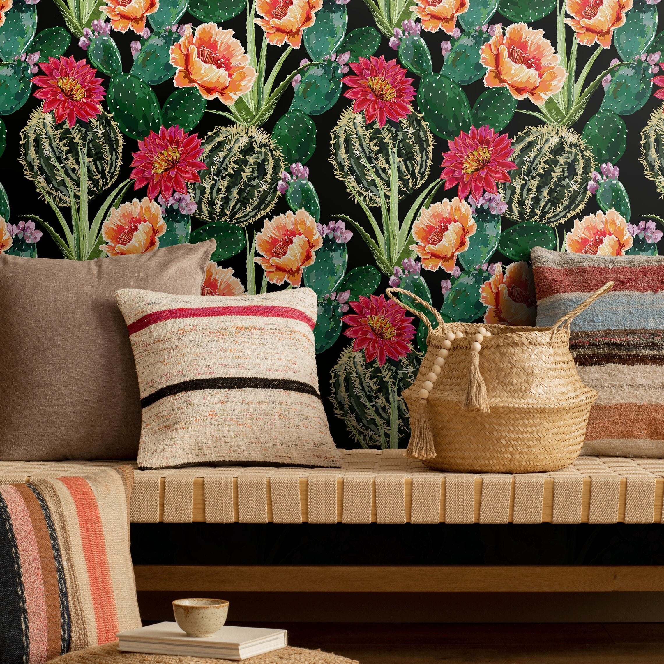 Cactus Wallpaper With Blooming Desert Flowers In Red, Orange, And Green - A913