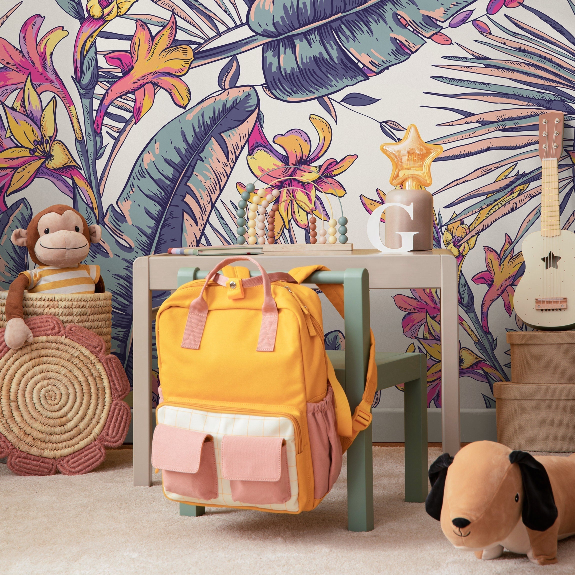 Tropical Wallpaper With An Artistic Floral Motif In Purple, Pink, And Yellow - A914