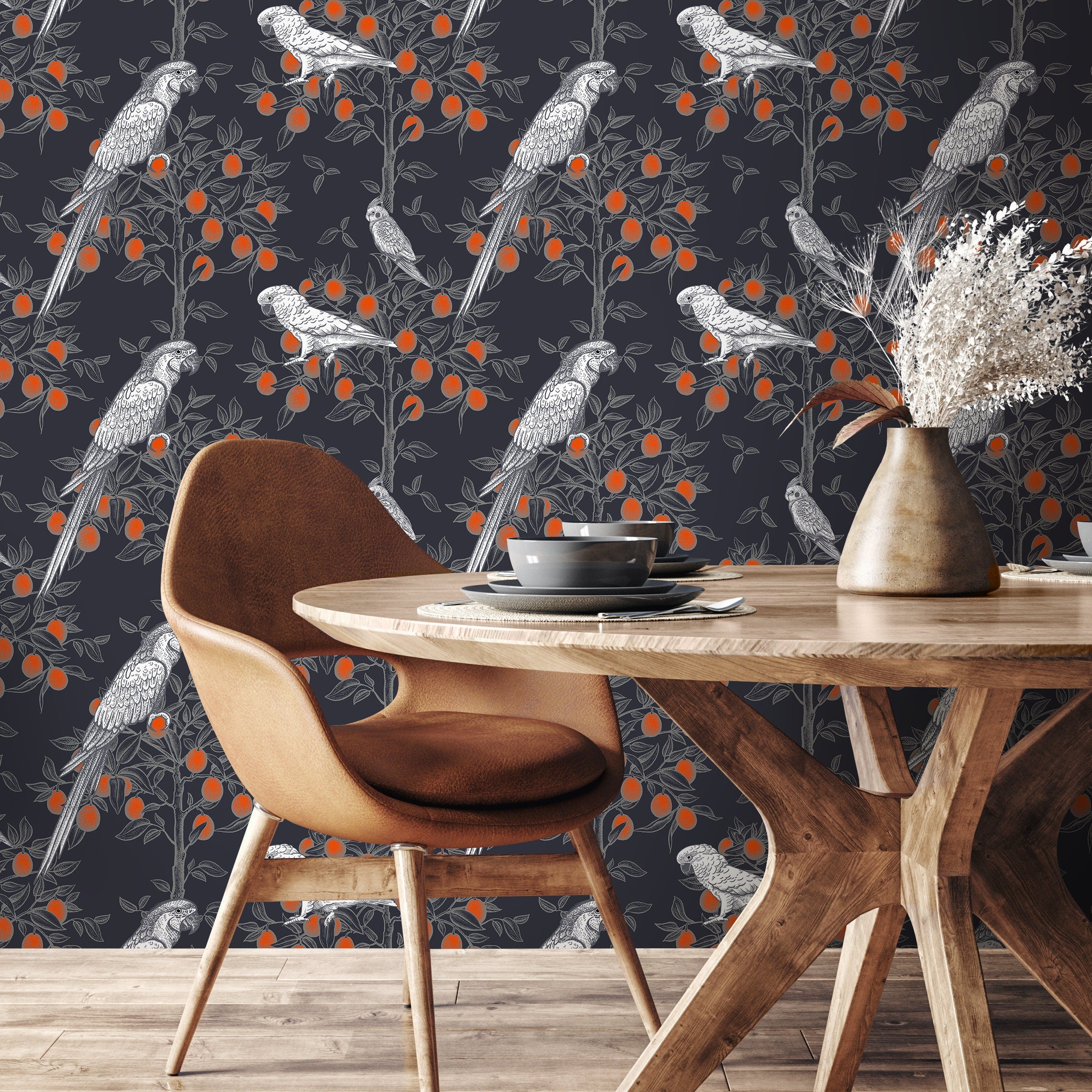 Botanical Wallpaper With Parrots In Orange Trees In Black, Grey, And Orange - A919