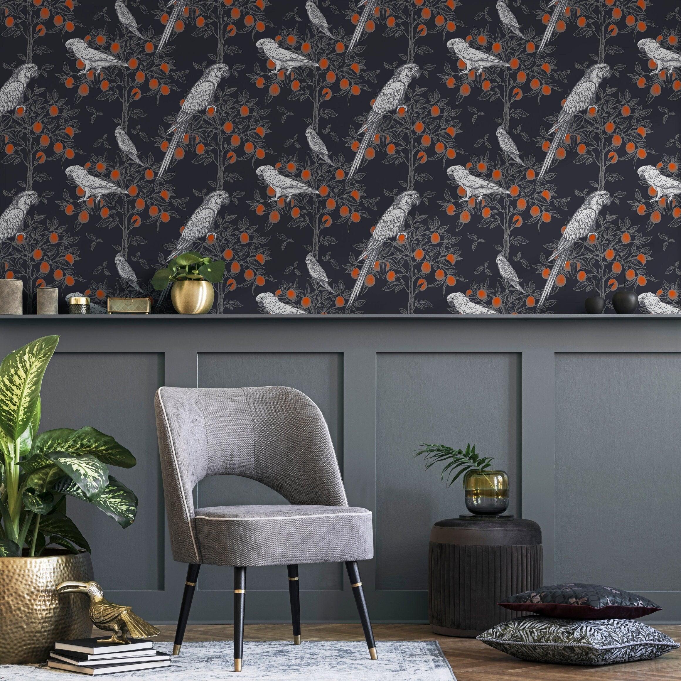 Botanical Wallpaper With Parrots In Orange Trees In Black, Grey, And Orange - A919