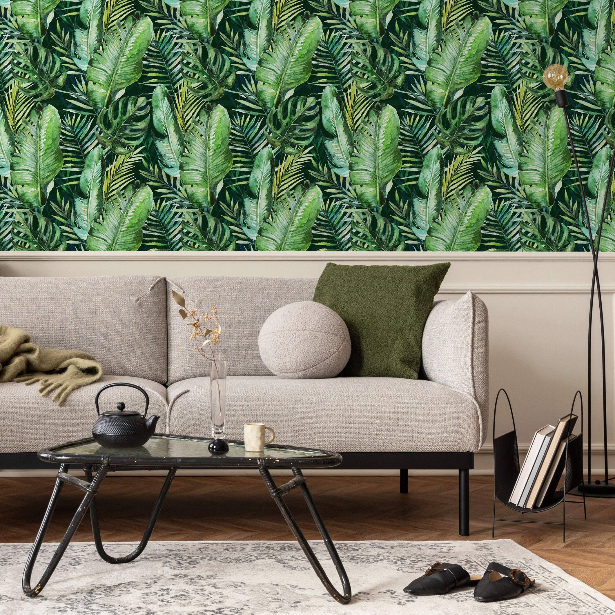 Tropical Wallpaper Featuring Watercolor Jungle Leaves In Green And Yellow - A927