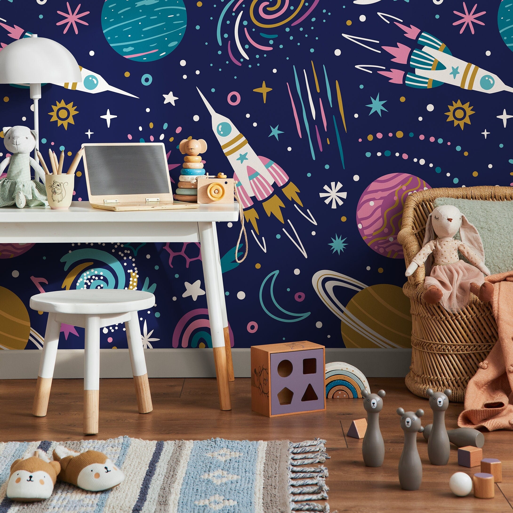 Space Wallpaper With Colorful Rockets And Planets In Blue, Pink, And Teal - A935