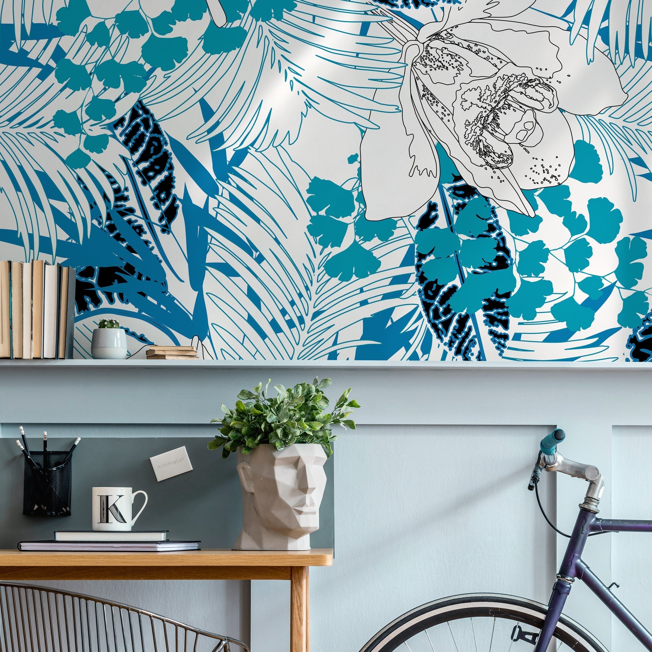 Floral Wallpaper With Line Art Orchids And Tropical Leaves In Blue And Black - A937
