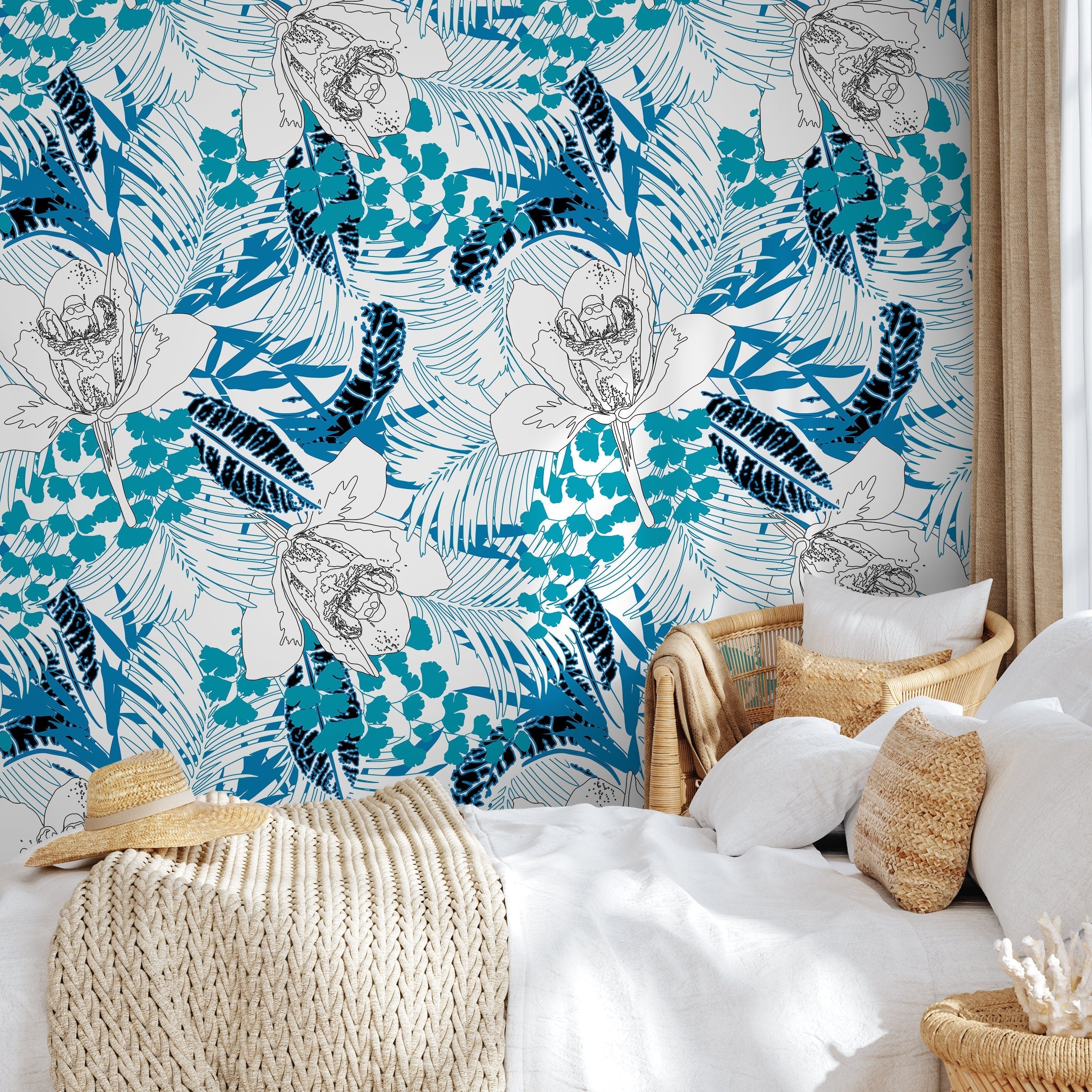 Floral Wallpaper With Line Art Orchids And Tropical Leaves In Blue And Black - A937