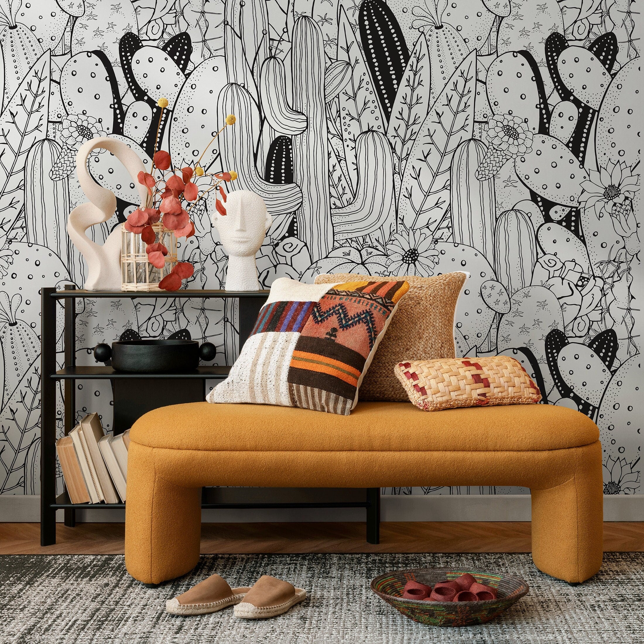 Cactus Wallpaper With A Line Art Desert Motif In Black And White - A946