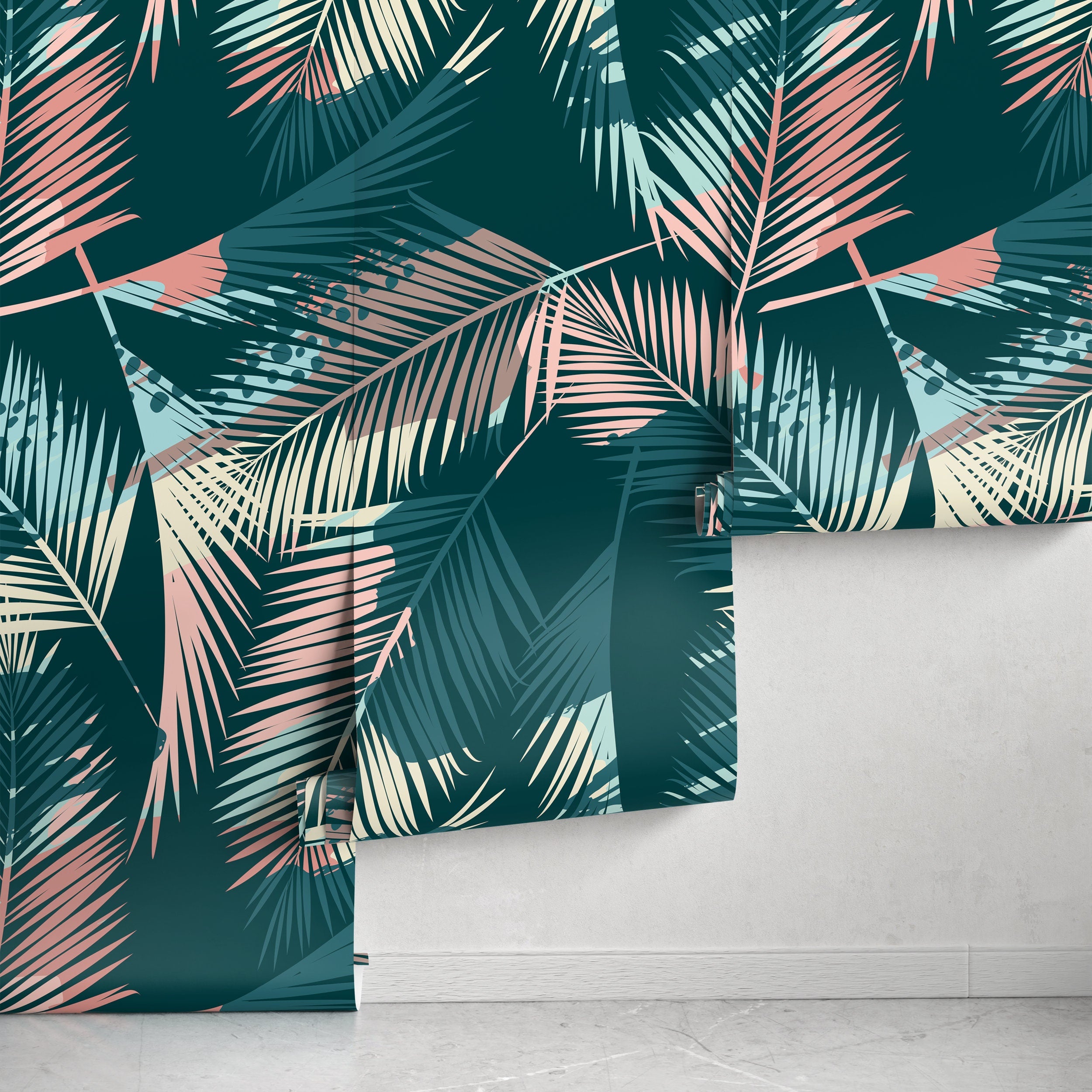 Tropical Wallpaper With Layered Palm Fronds In Teal, Pink, And Cream - A949