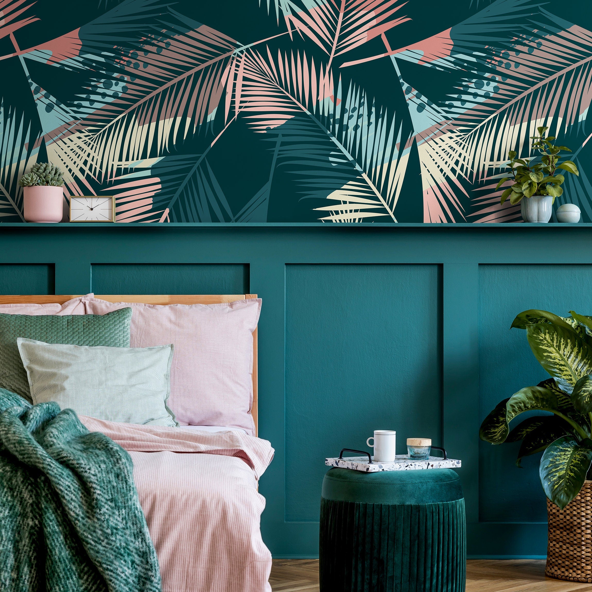 Tropical Wallpaper With Layered Palm Fronds In Teal, Pink, And Cream - A949