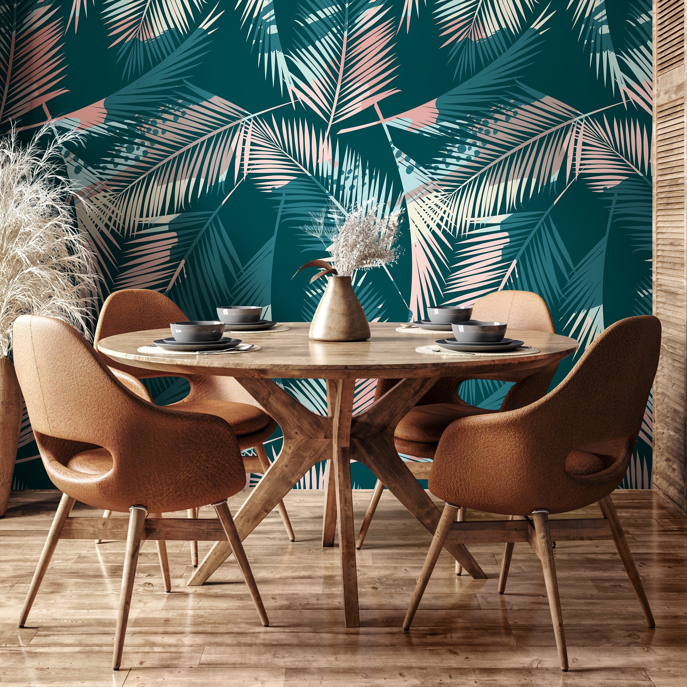 Tropical Wallpaper With Layered Palm Fronds In Teal, Pink, And Cream - A949