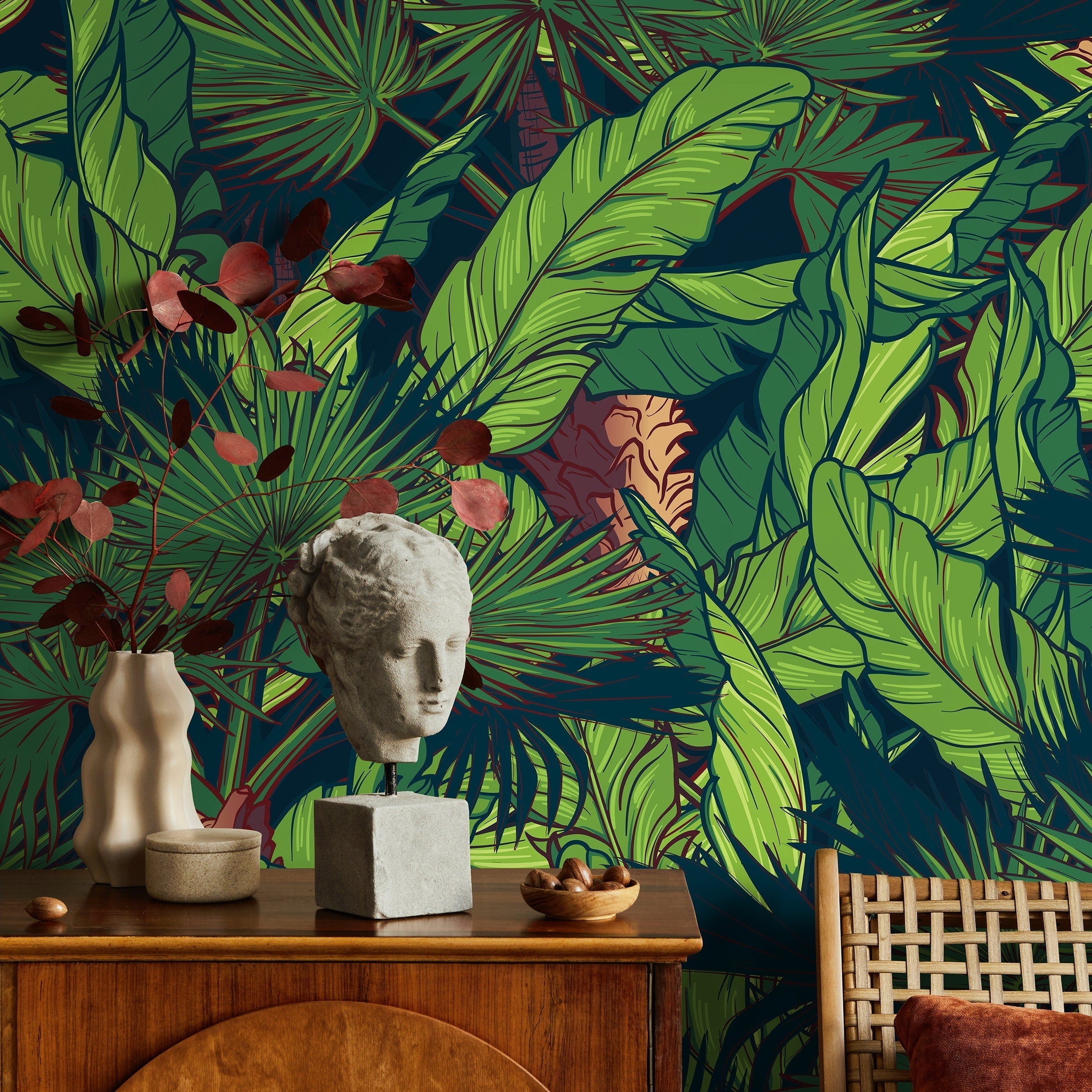 Tropical Wallpaper With Lush Jungle Leaves In Green, Blue, And Brown - A959