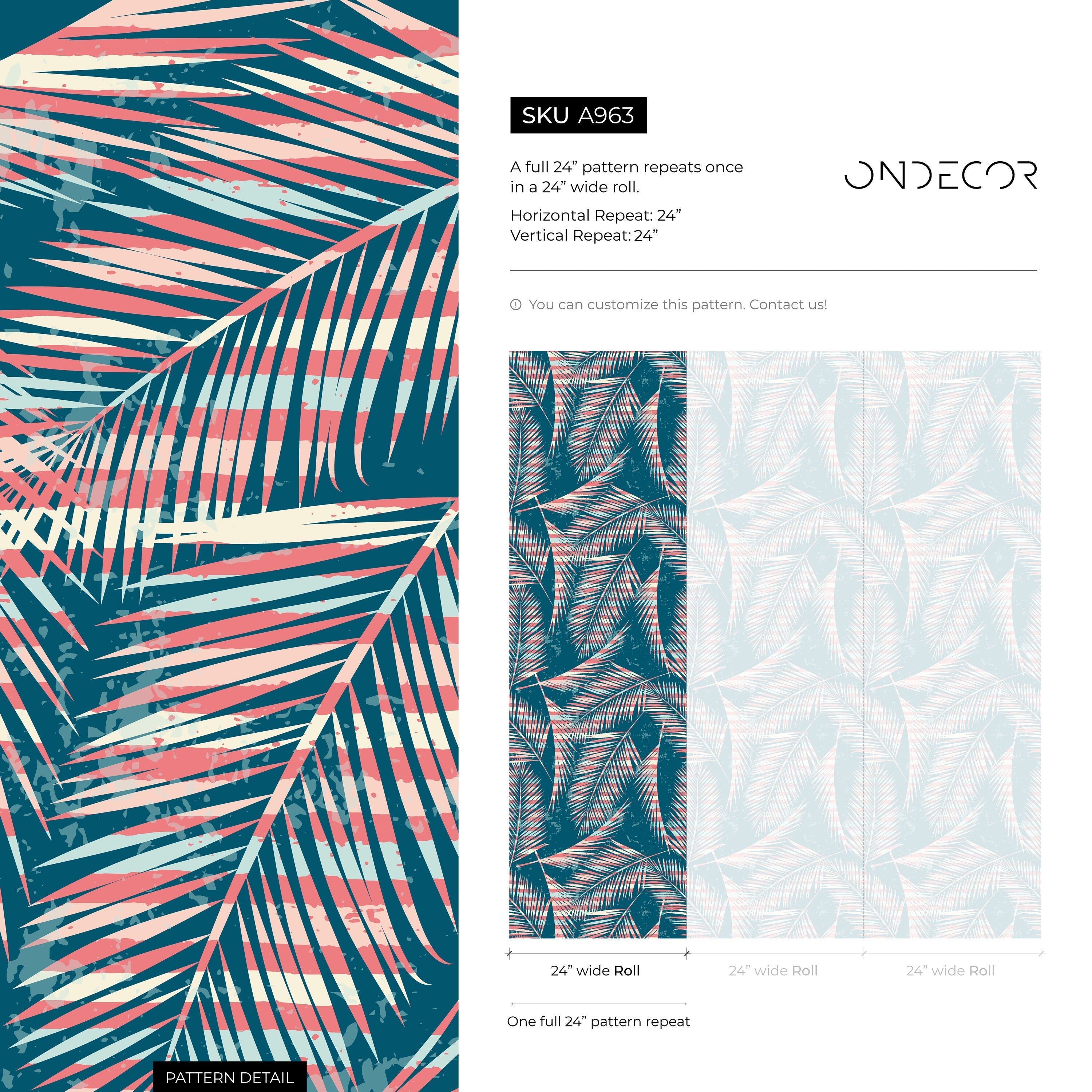 Tropical Wallpaper With Striped Palm Fronds In Teal, Coral, And Blue - A963