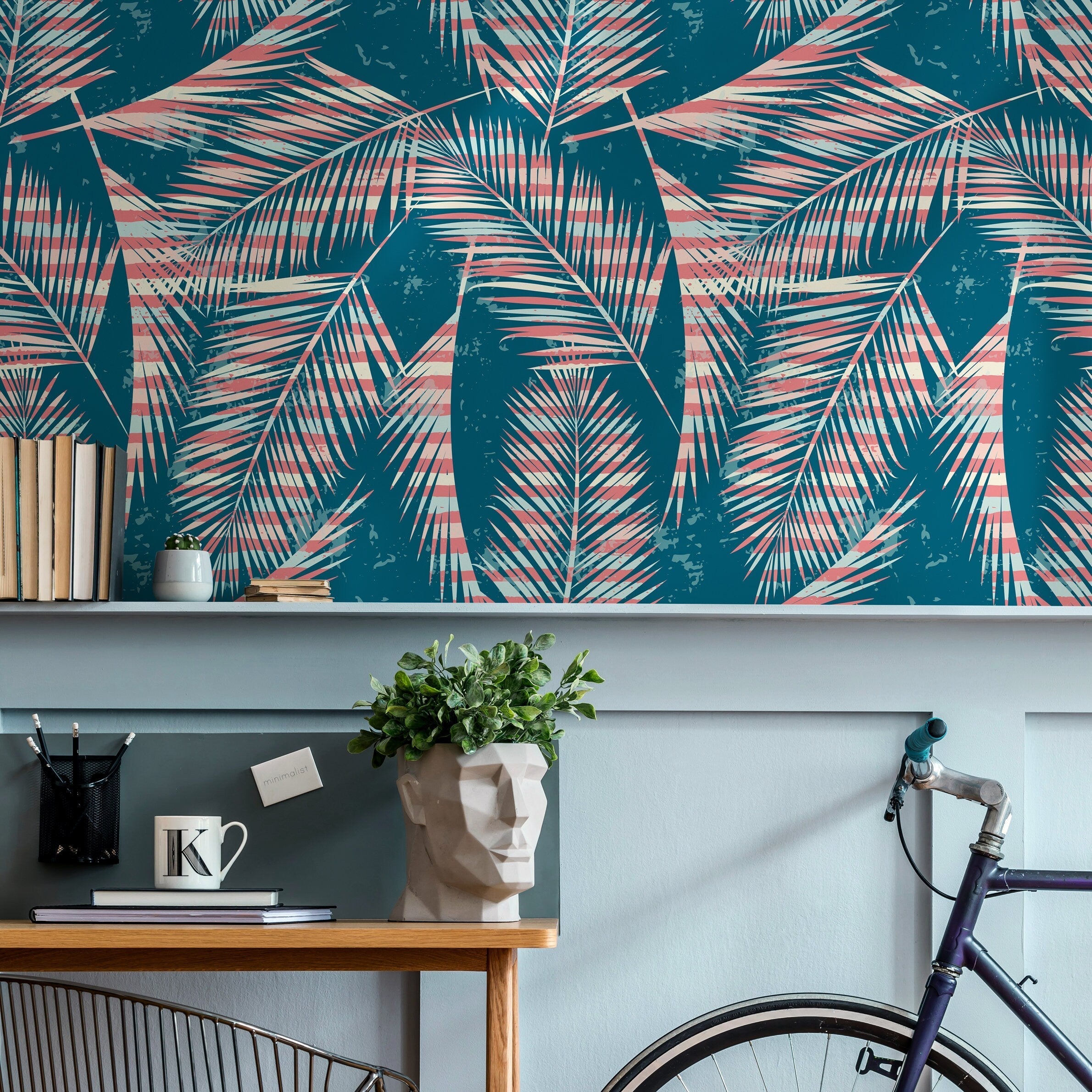 Tropical Wallpaper With Striped Palm Fronds In Teal, Coral, And Blue - A963