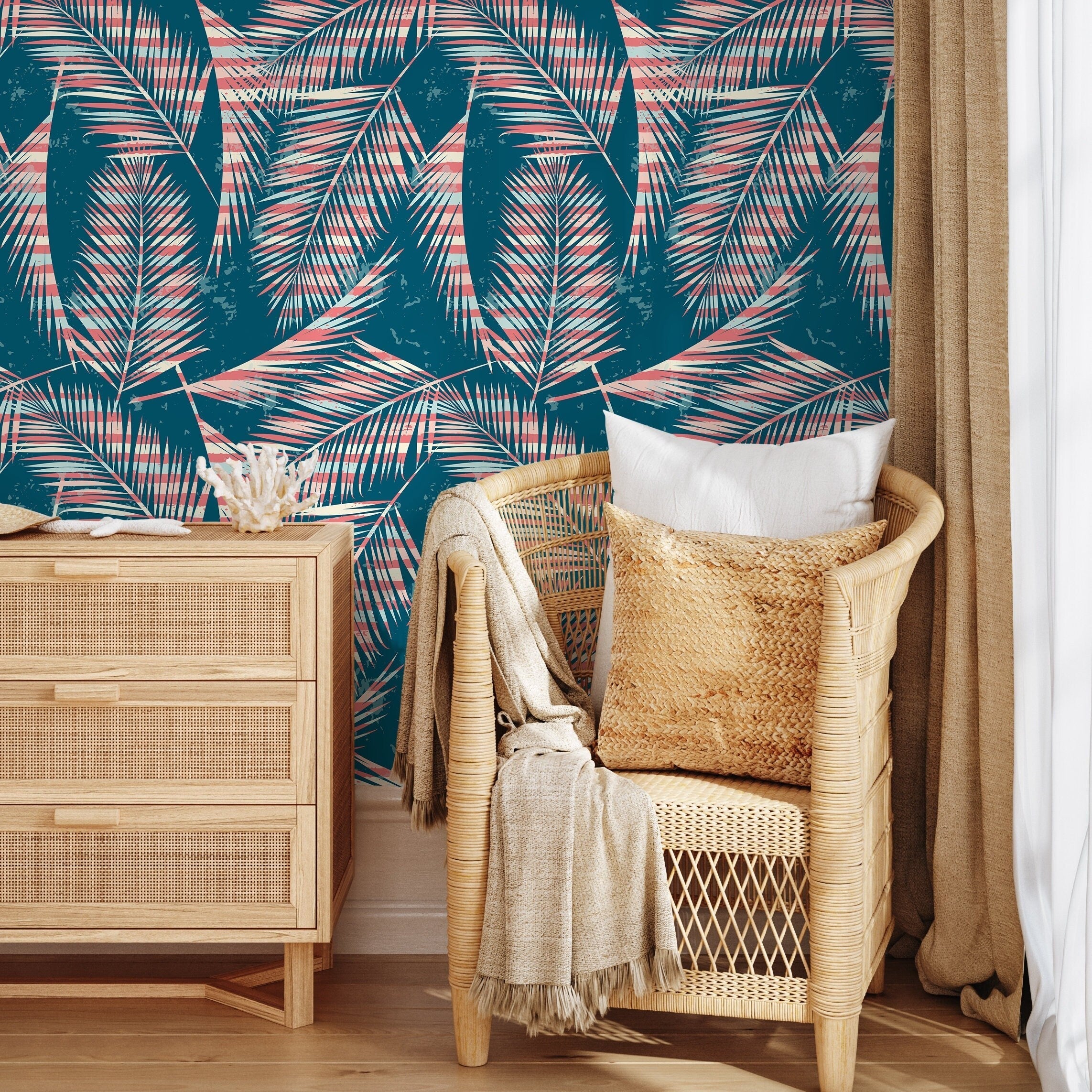 Tropical Wallpaper With Striped Palm Fronds In Teal, Coral, And Blue - A963