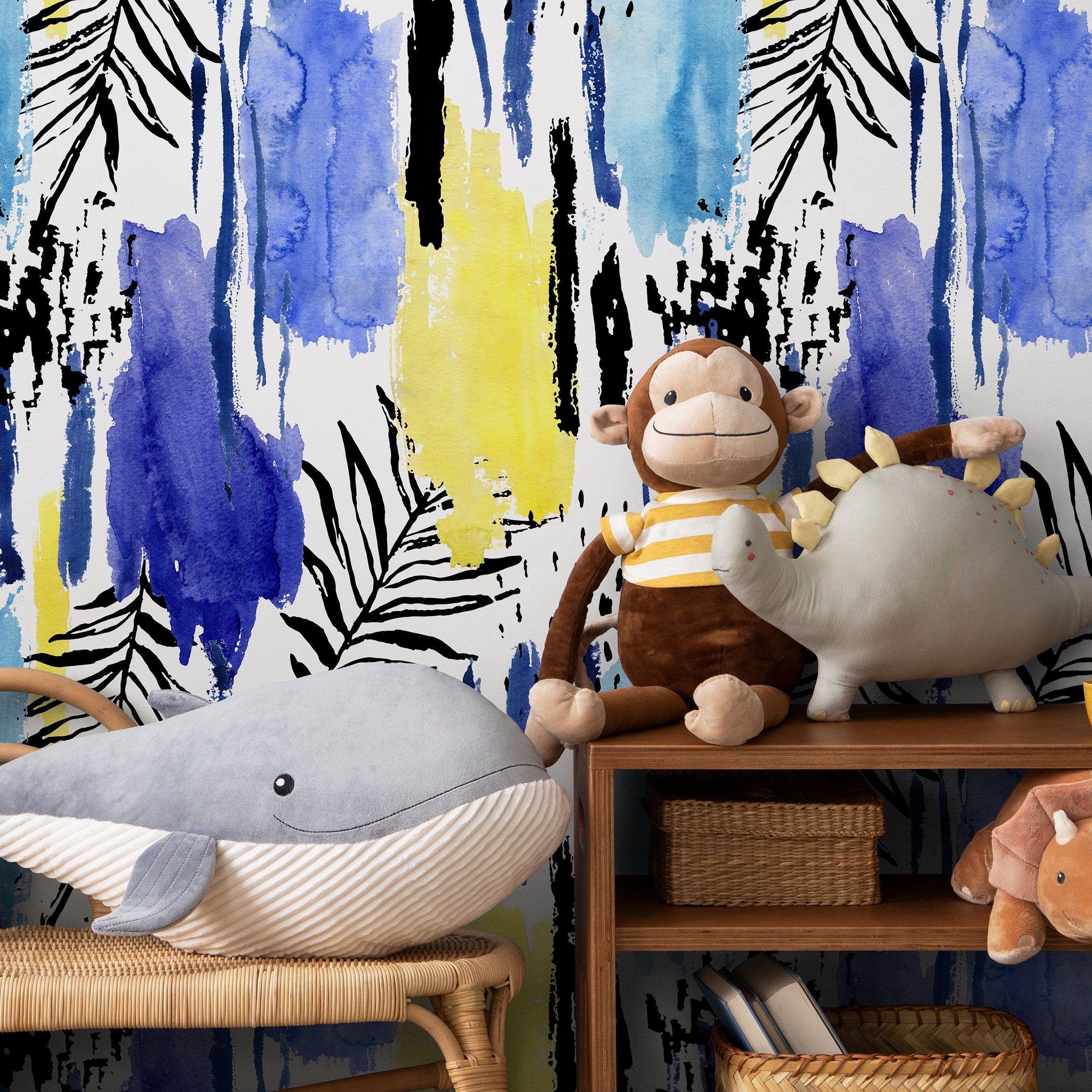 Abstract Wallpaper With Watercolor Stripes And Palm Leaves In Blue, Yellow, And Black - A966