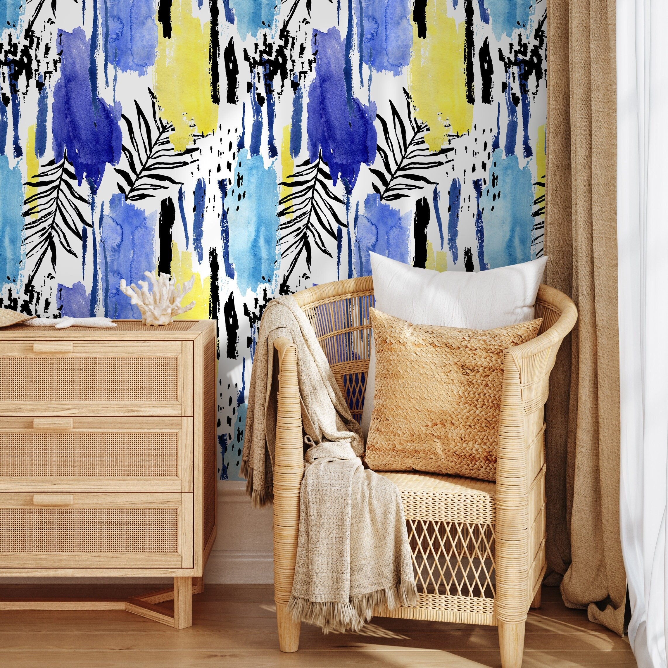 Abstract Wallpaper With Watercolor Stripes And Palm Leaves In Blue, Yellow, And Black - A966