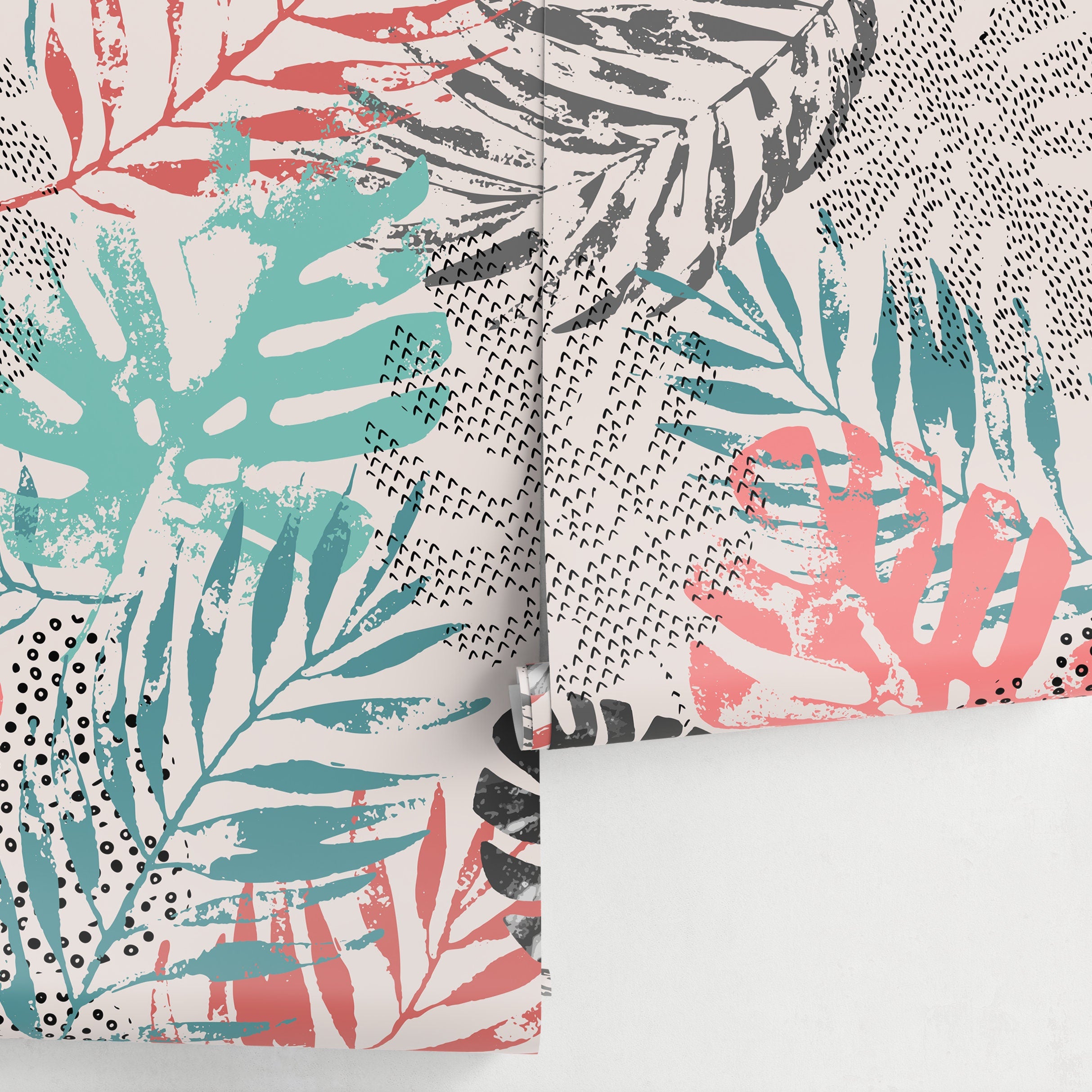 Botanical Wallpaper With An Abstract Leaf Collage In Pink, Teal, And Black - A967