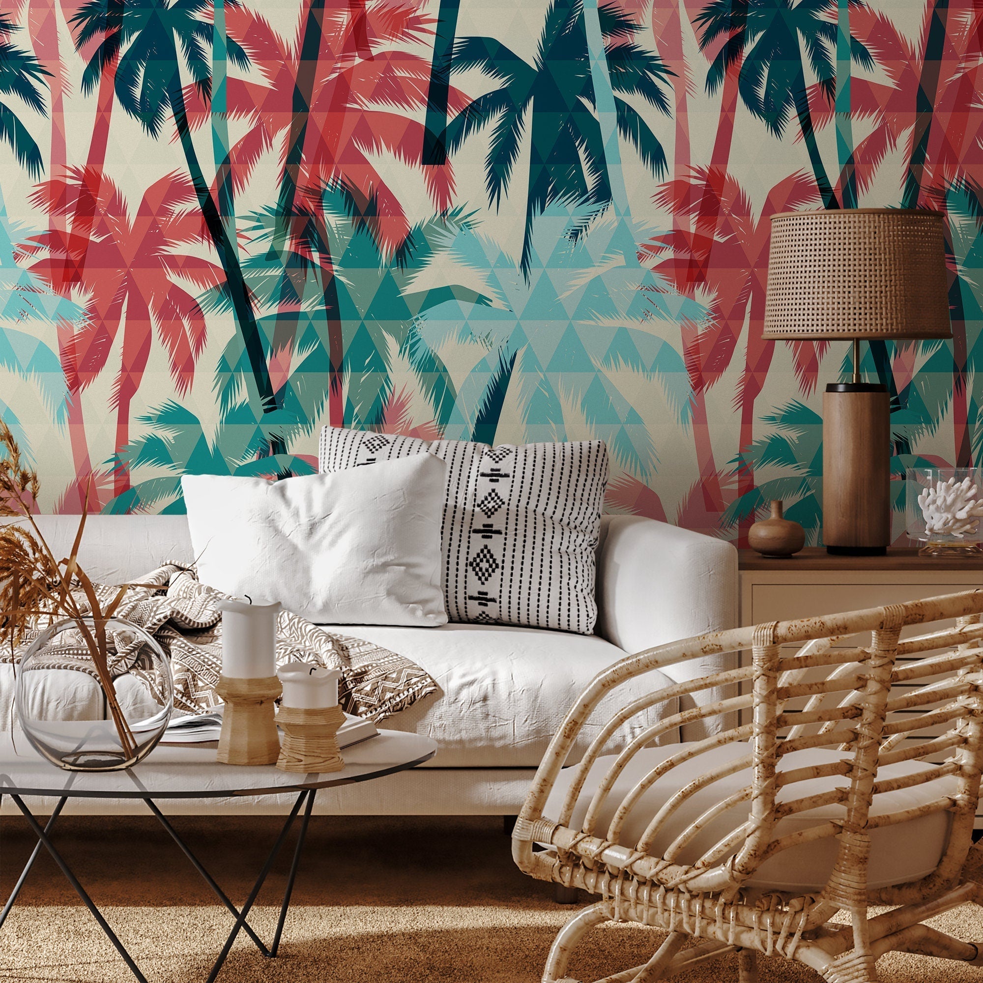 Tropical Wallpaper With A Geometric Palm Tree Motif In Teal, Red, And Blue - A972