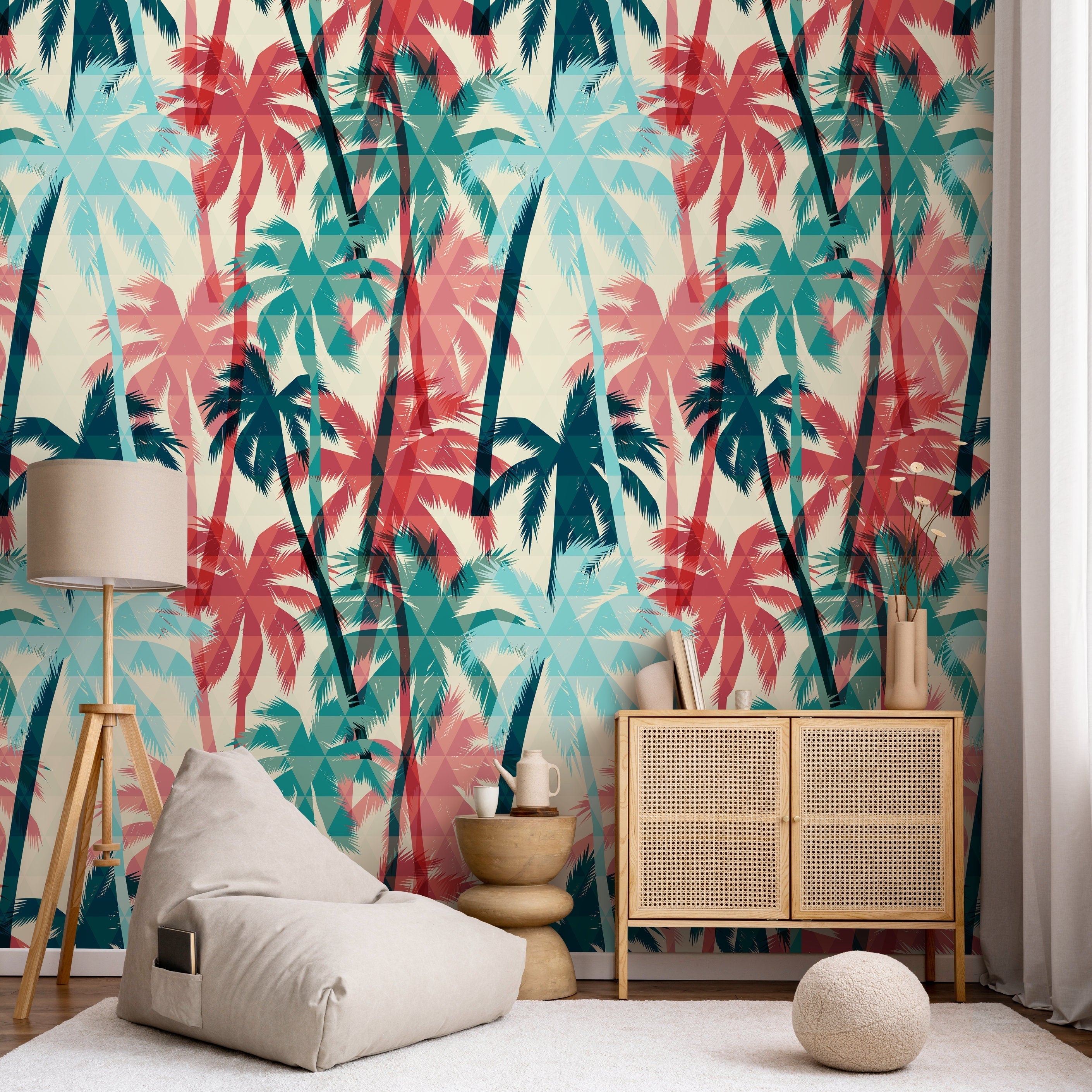Tropical Wallpaper With A Geometric Palm Tree Motif In Teal, Red, And Blue - A972