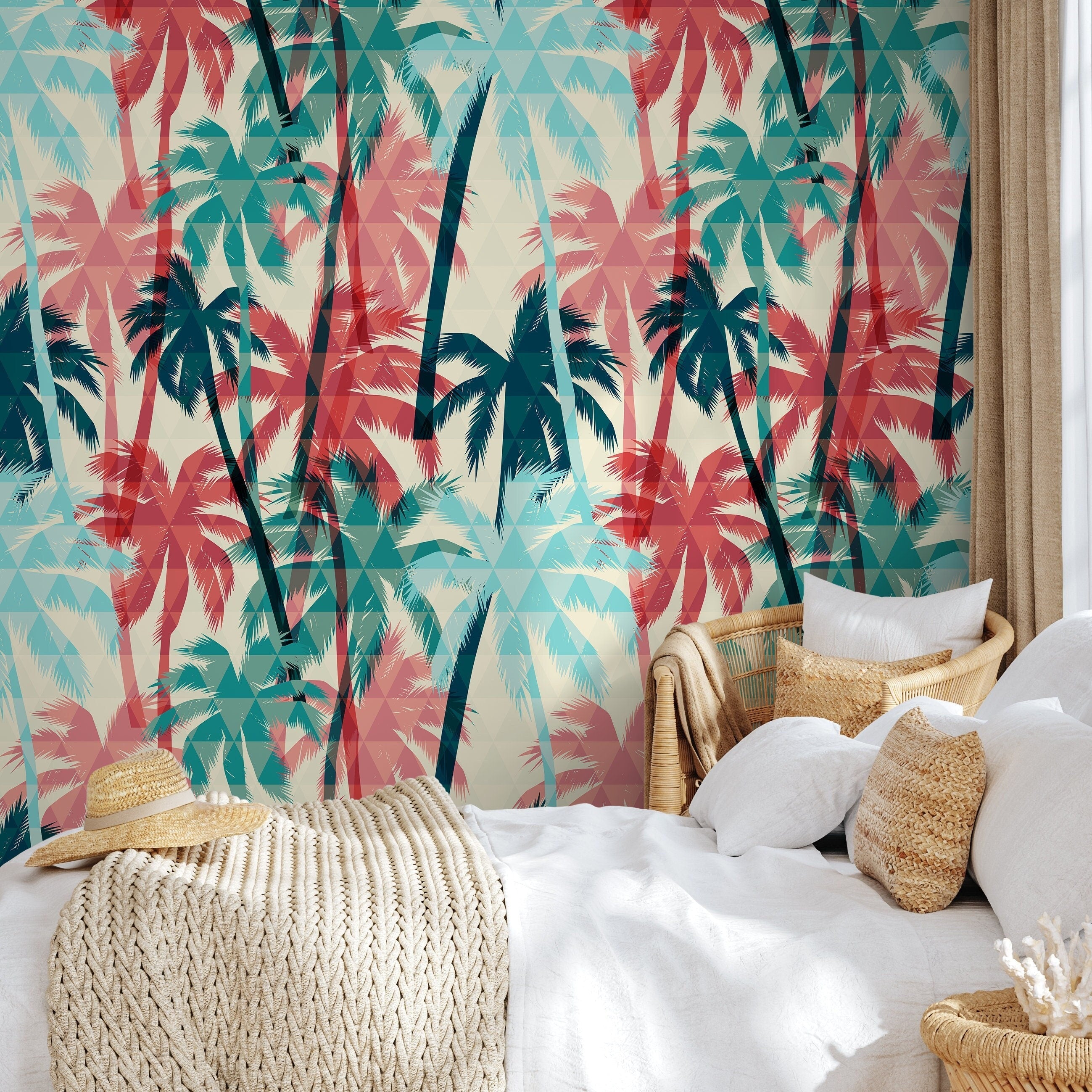 Tropical Wallpaper With A Geometric Palm Tree Motif In Teal, Red, And Blue - A972