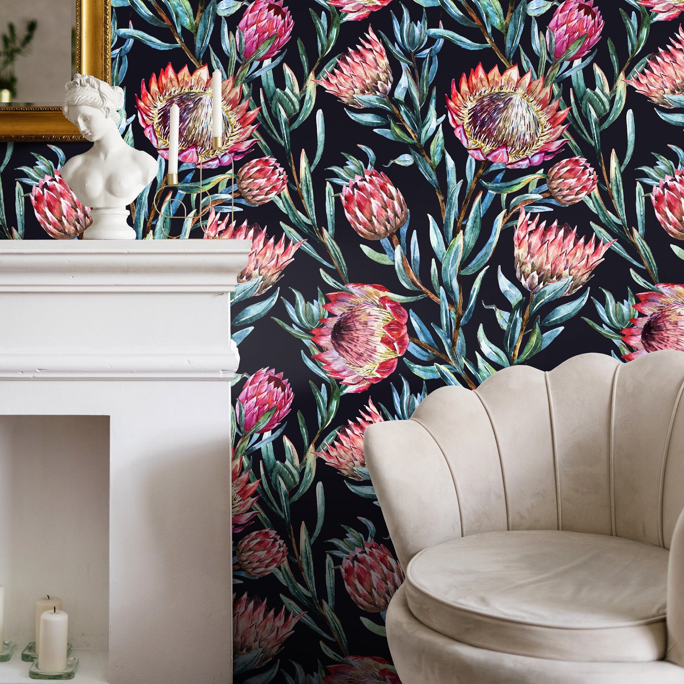 Botanical Wallpaper With Watercolor Proteas In Pink, Green, And Black - A974