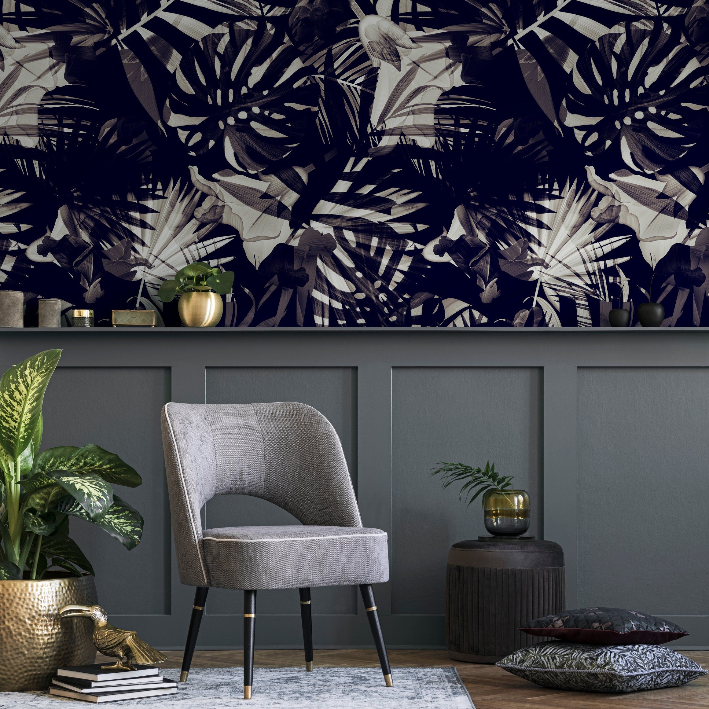 Tropical Wallpaper With Layered Palm Leaves In Navy, Taupe, And Beige - A975